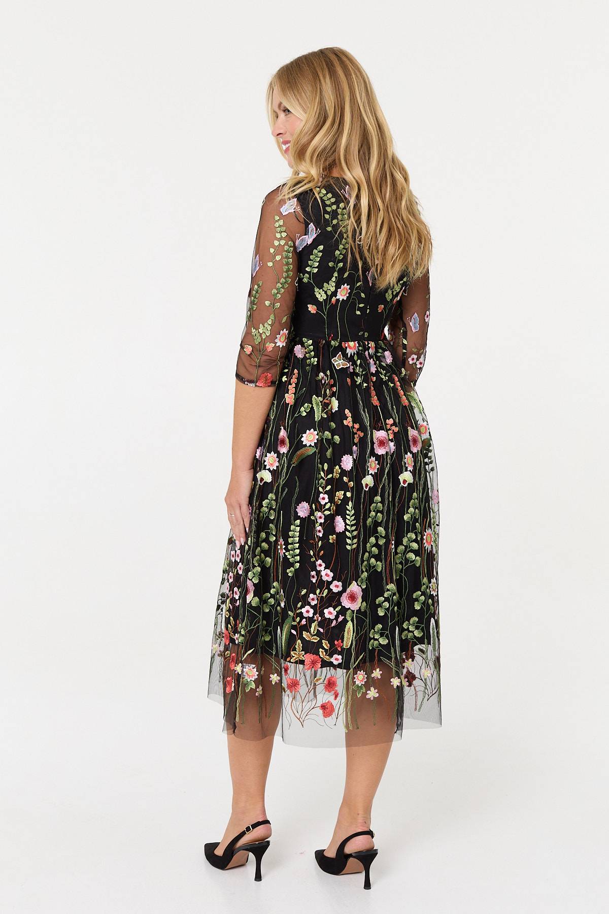 Floral Embroidered Mesh Midi Dress Detail View