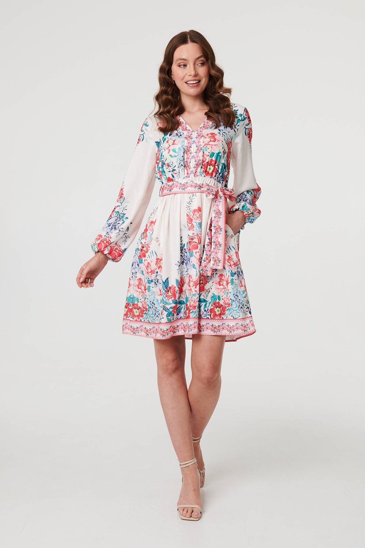 Floral Tie Waist Long Sleeve Short Dress Back View 2
