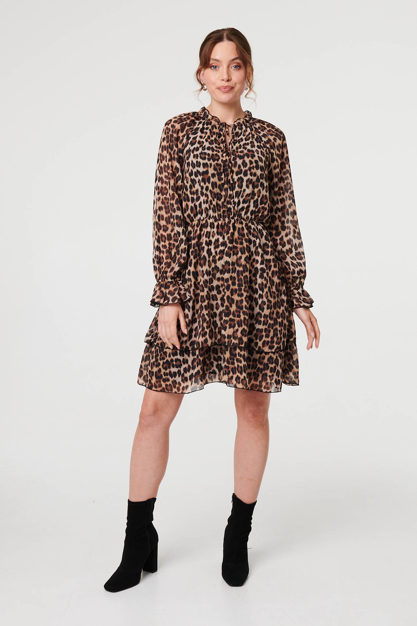 Animal Print Ruched Tie Neck Short Dress Back View