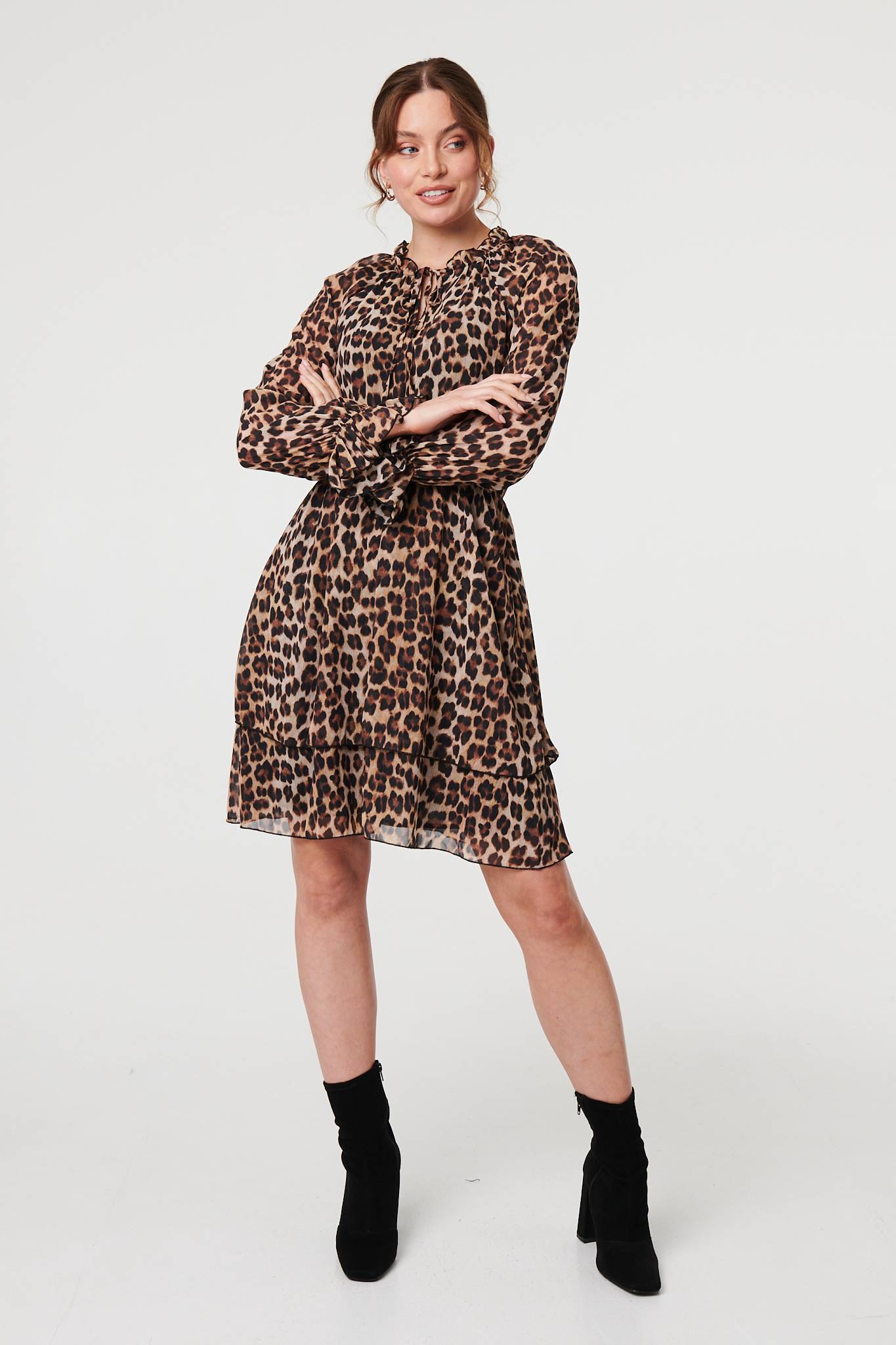 Animal Print Ruched Tie Neck Short Dress Detail View