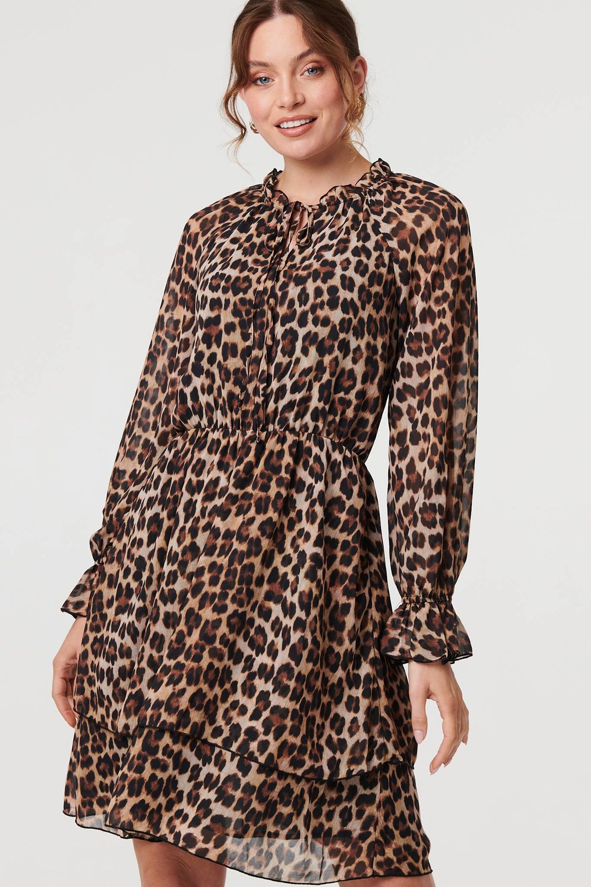 Animal Print Ruched Tie Neck Short Dress Front View 2
