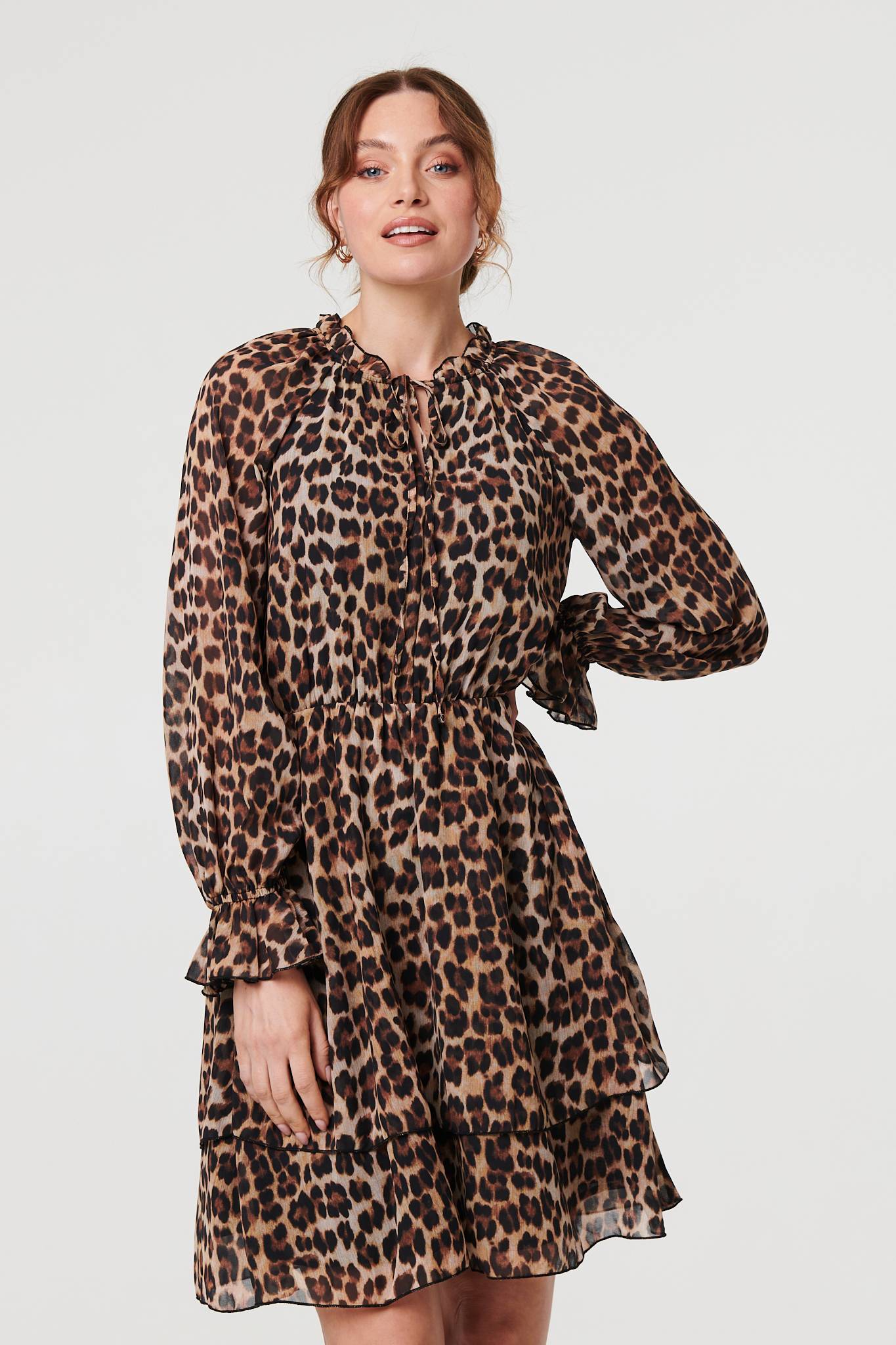Animal Print Ruched Tie Neck Short Dress Front View