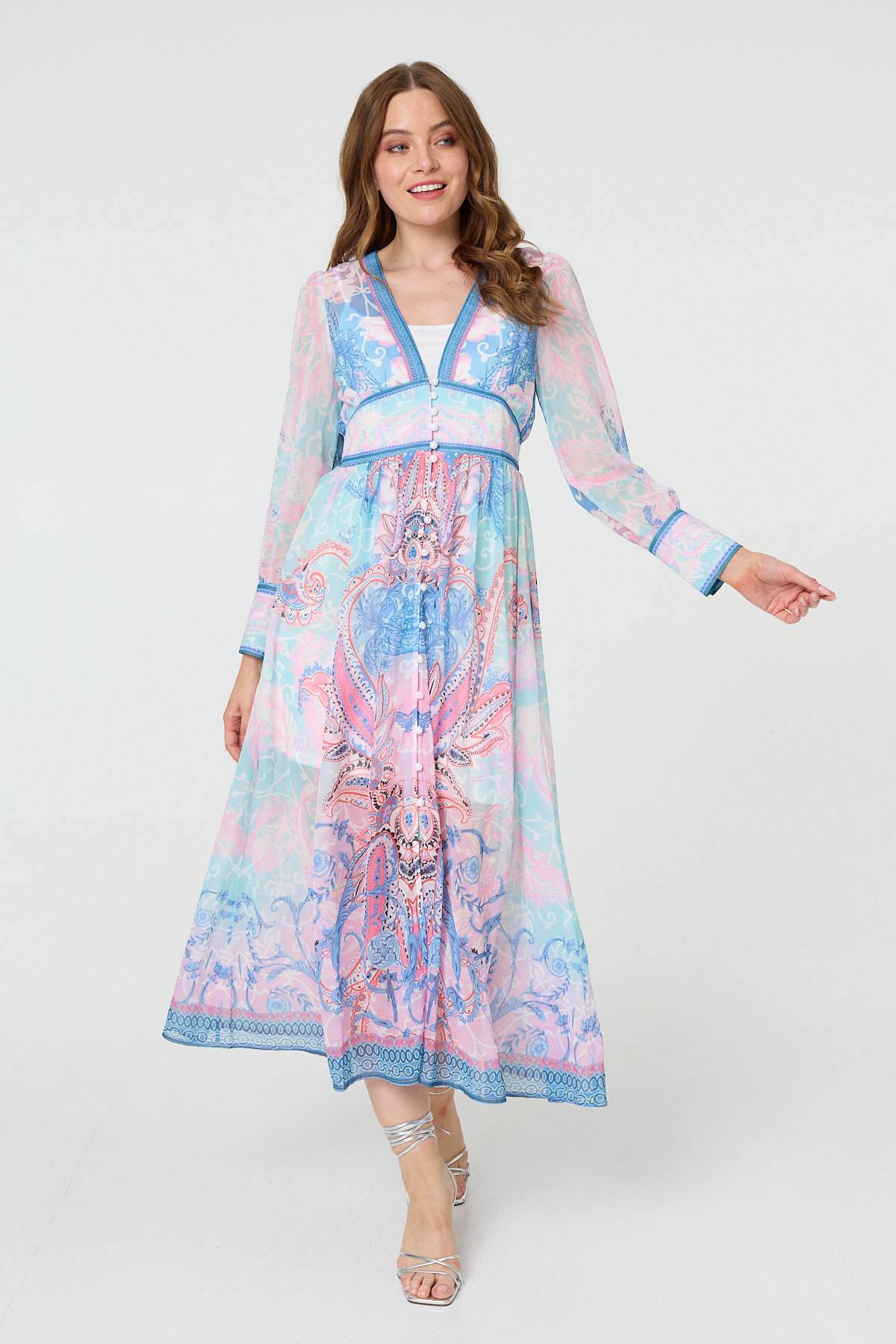 Border Print Layered Empire Maxi Dress Front View
