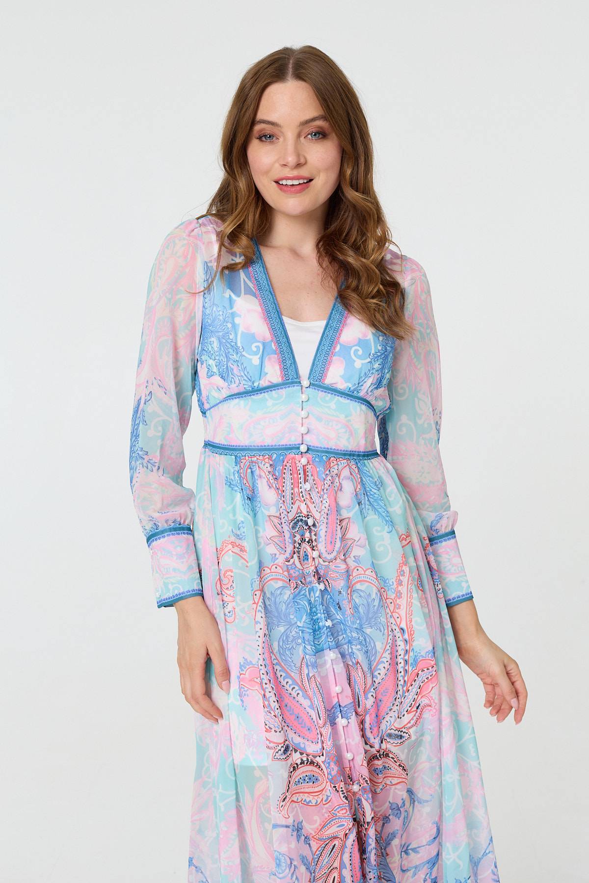 Border Print Layered Empire Maxi Dress Back View