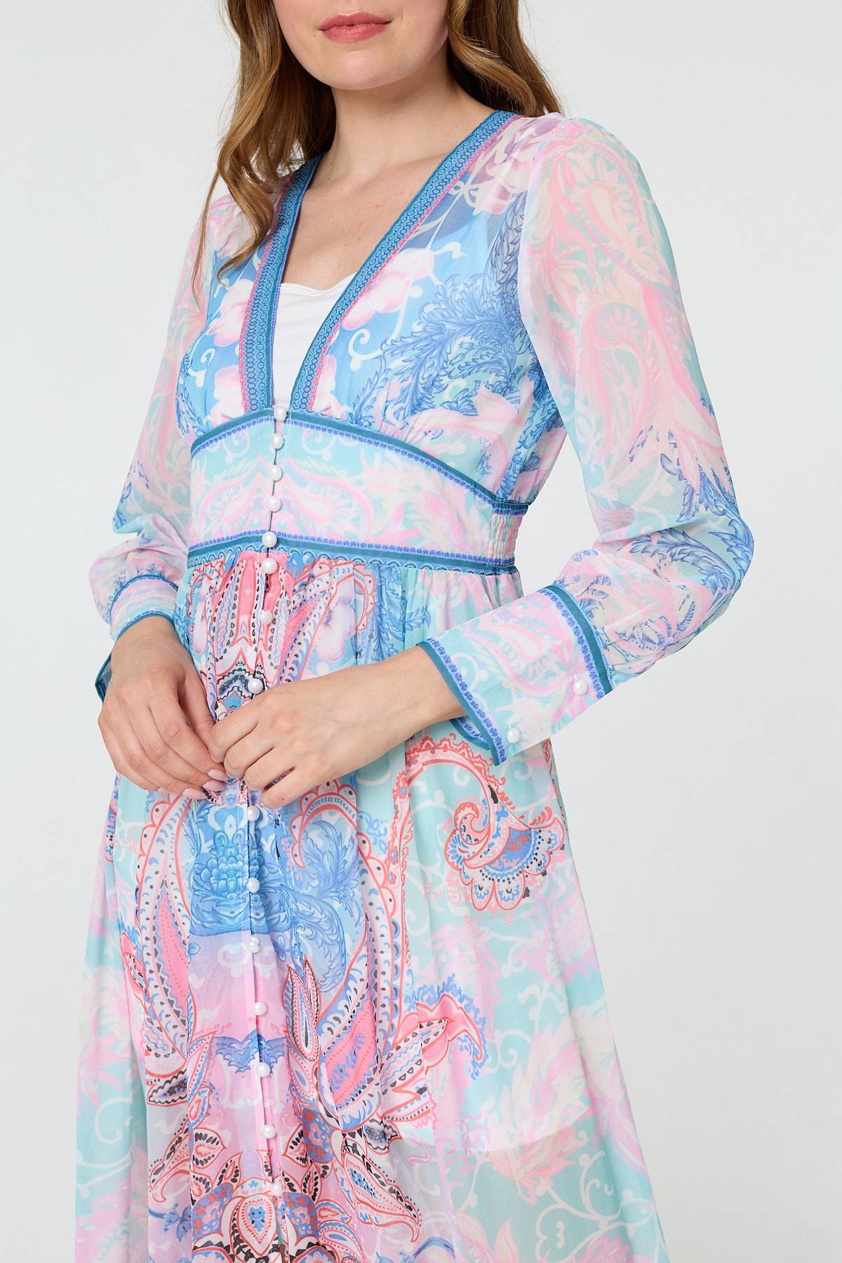 Border Print Layered Empire Maxi Dress Styled View