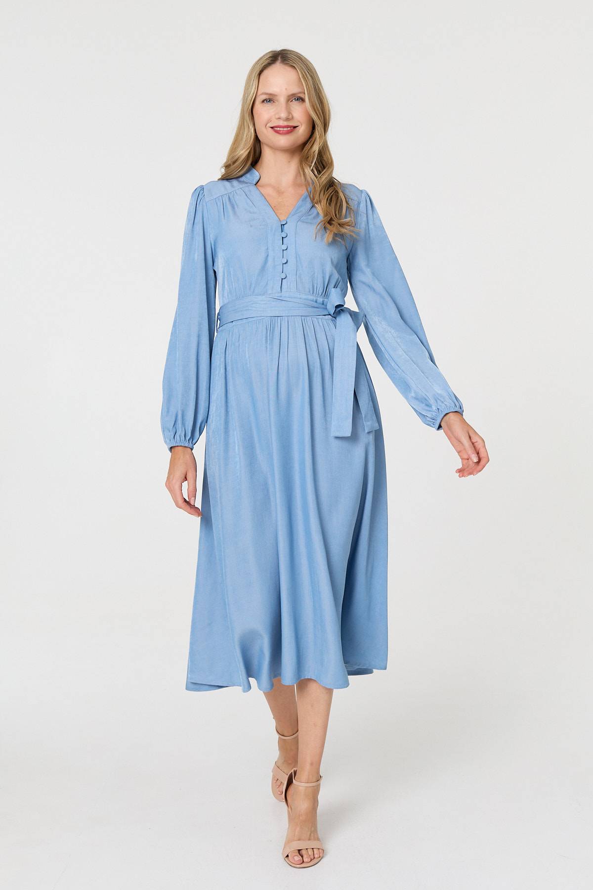 Long Sleeve Empire Tie Waist Midi Dress Front View