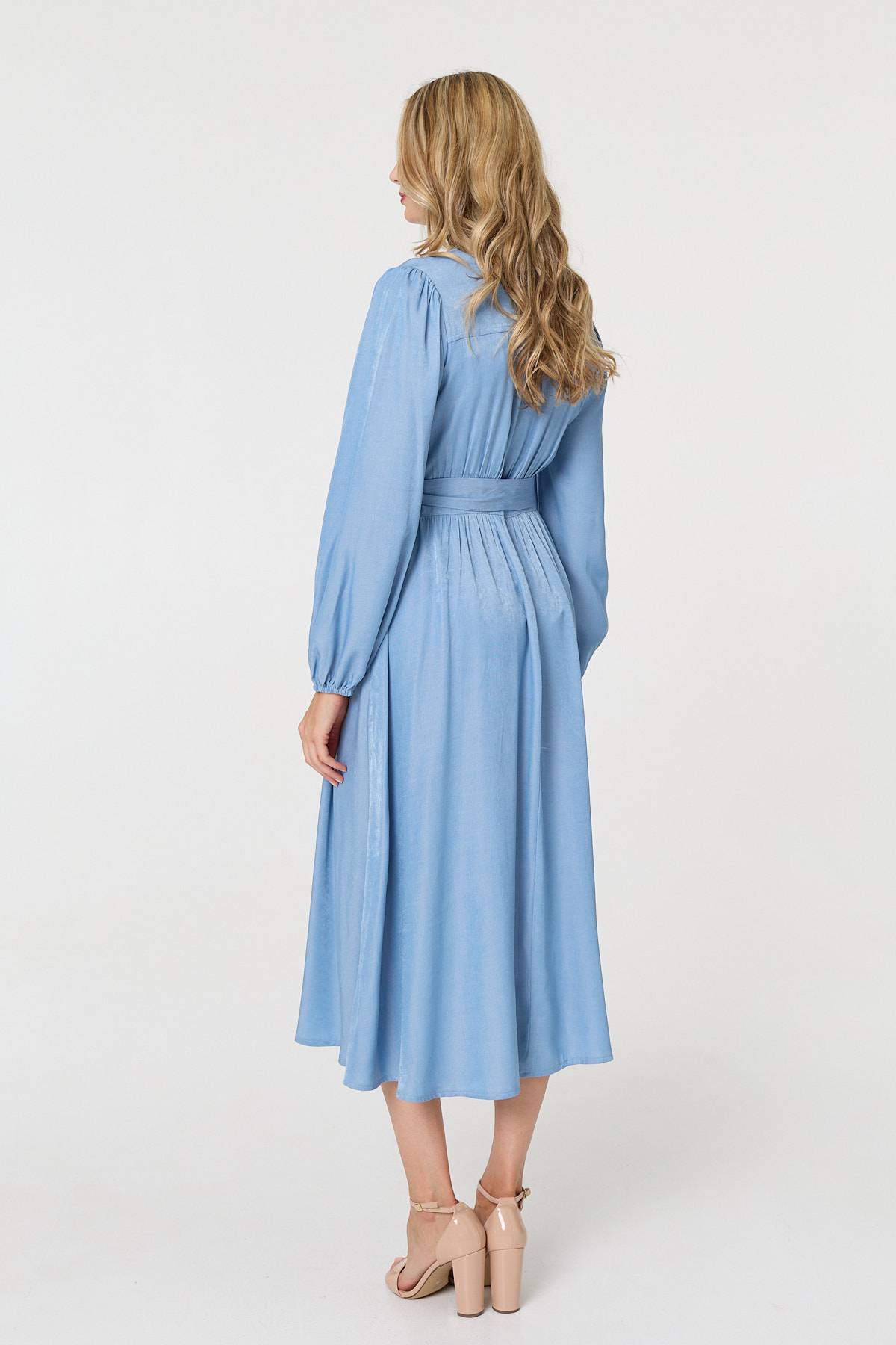 Long Sleeve Empire Tie Waist Midi Dress Detail View