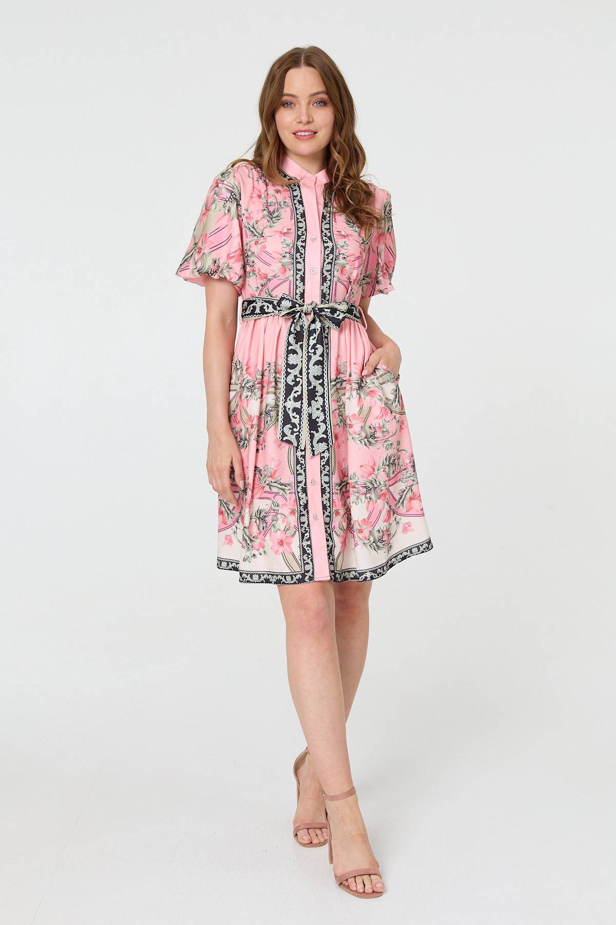 Border Print Tie Waist Short Dress Front View 2