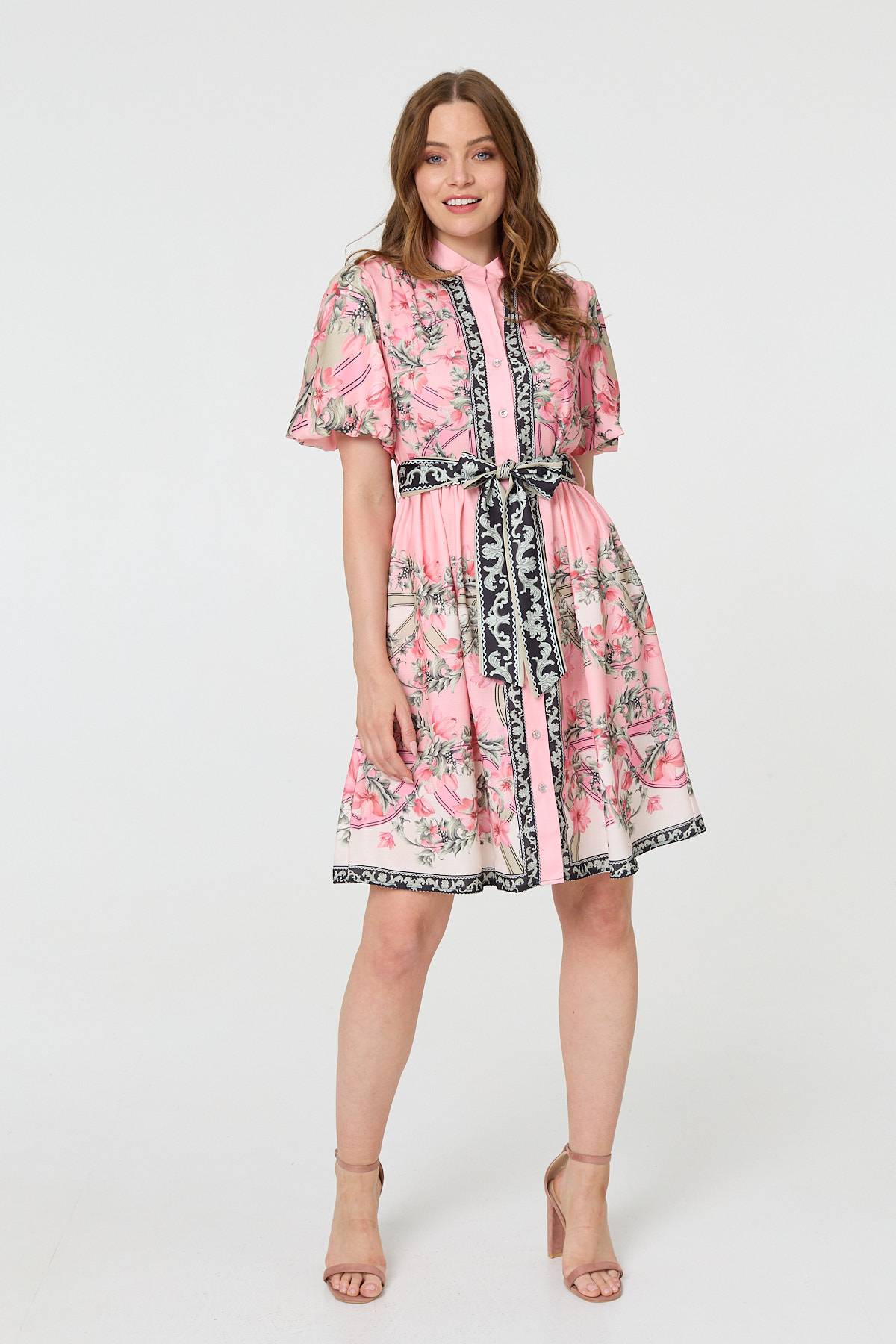 Border Print Tie Waist Short Dress Back View