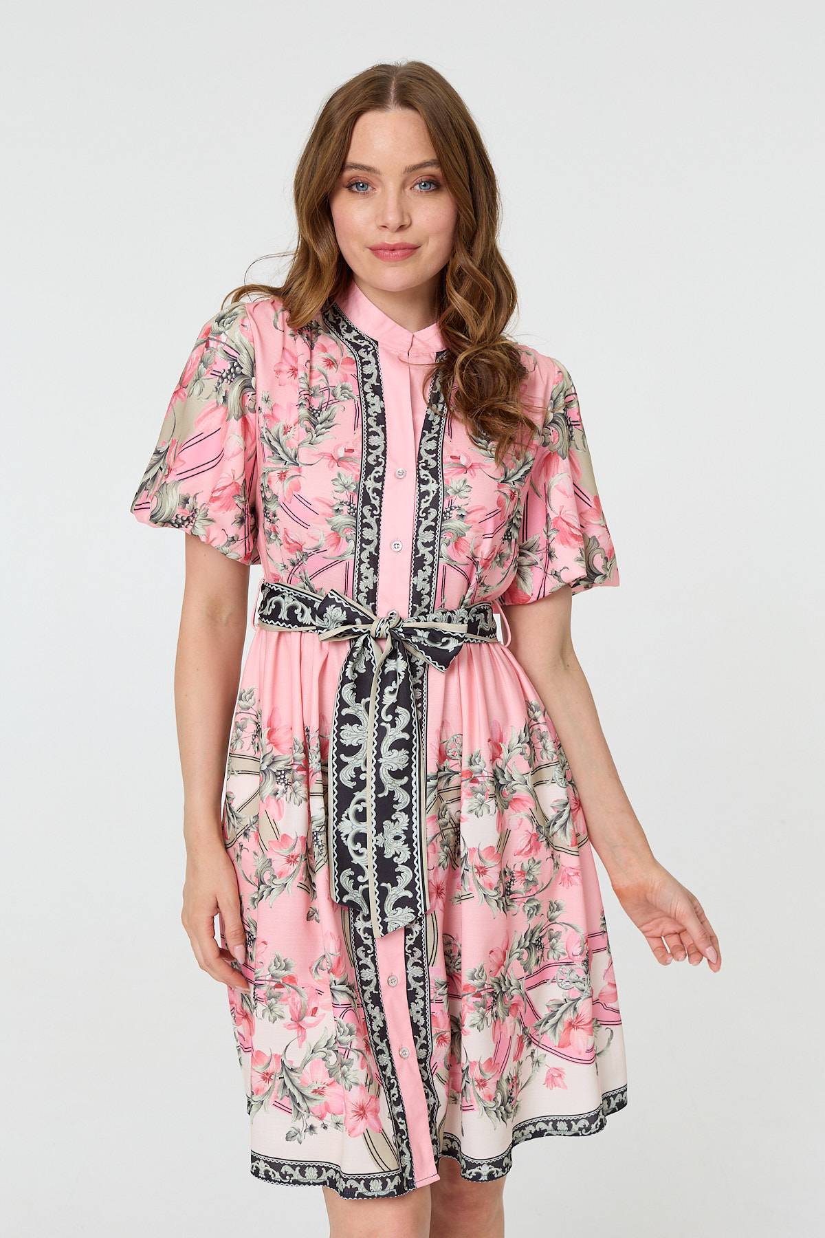 Border Print Tie Waist Short Dress Front View