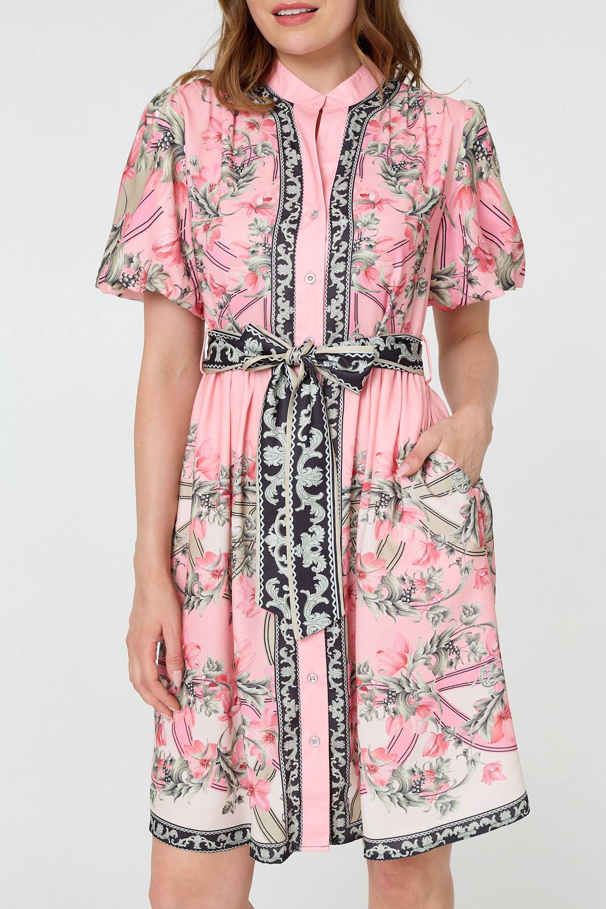 Border Print Tie Waist Short Dress Styled View