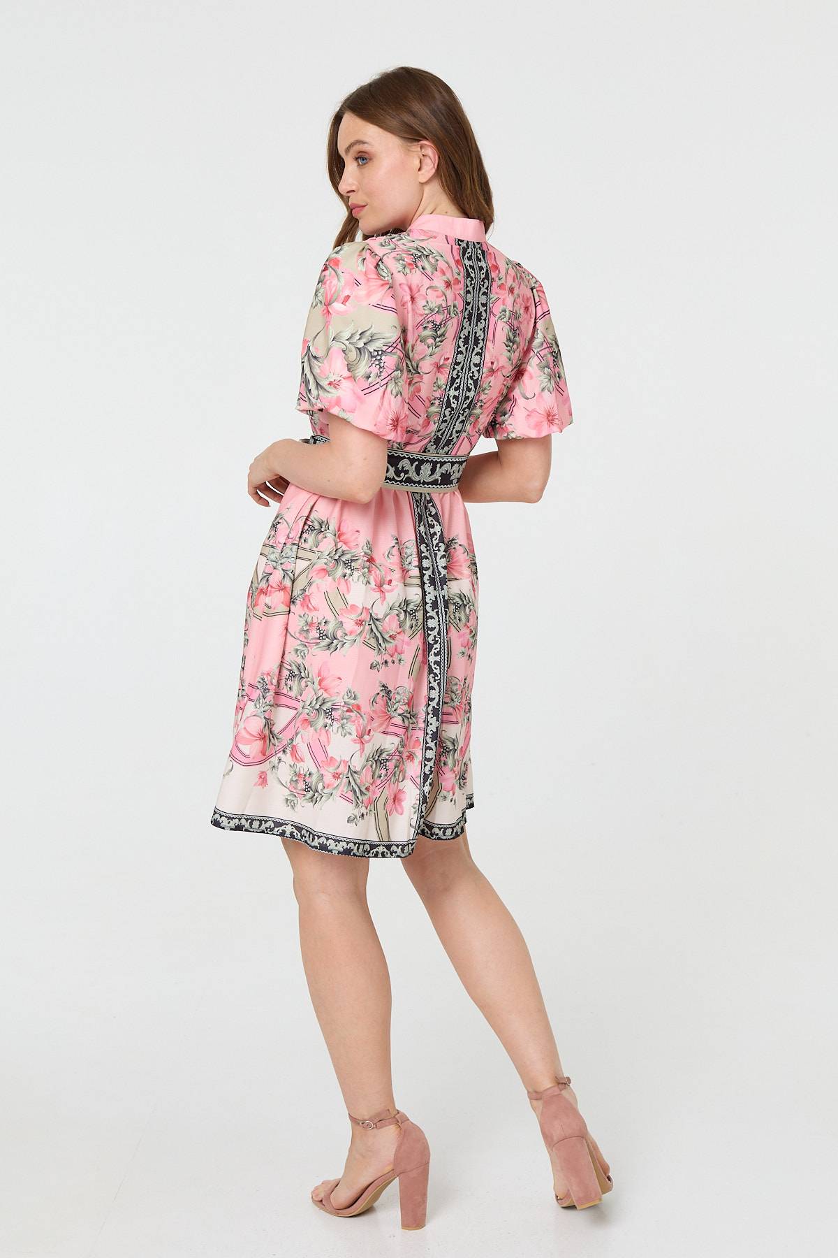 Border Print Tie Waist Short Dress Detail View