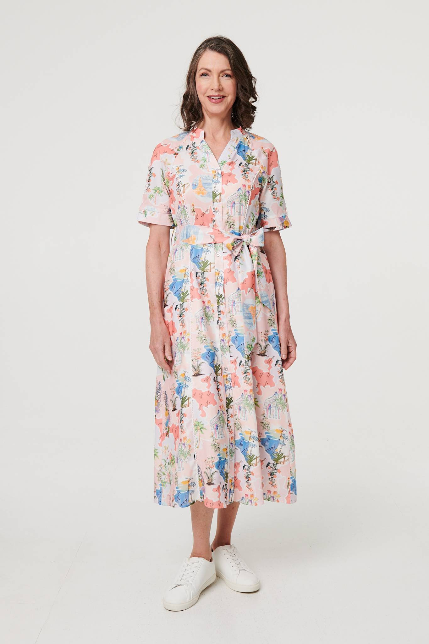 Printed Tie Waist 1/2 Sleeve Midi Dress Front View
