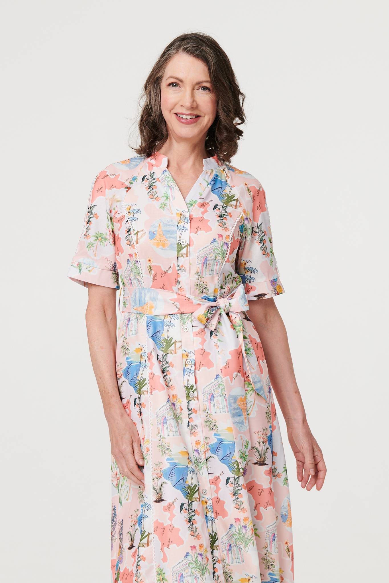 Printed Tie Waist 1/2 Sleeve Midi Dress Back View