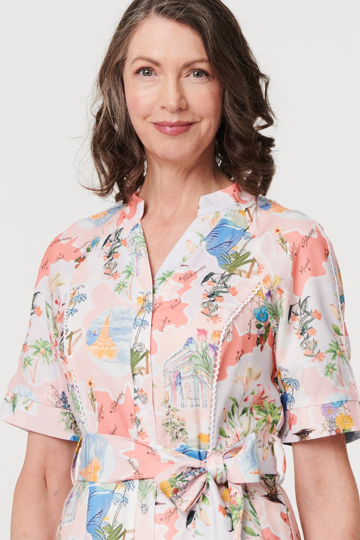 Printed Tie Waist 1/2 Sleeve Midi Dress Styled View