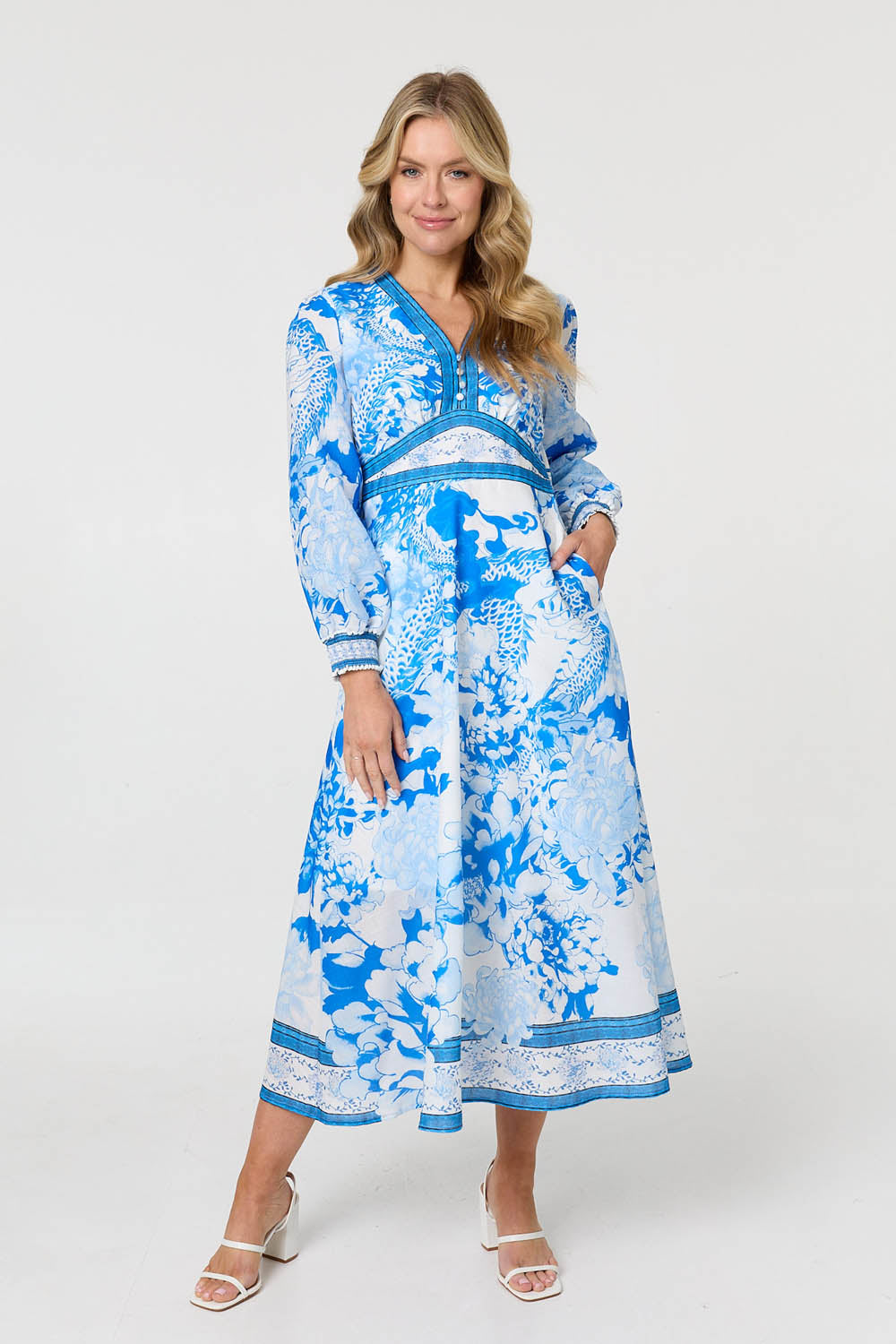 Floral Long Sleeve A-Line Maxi Dress Front View
