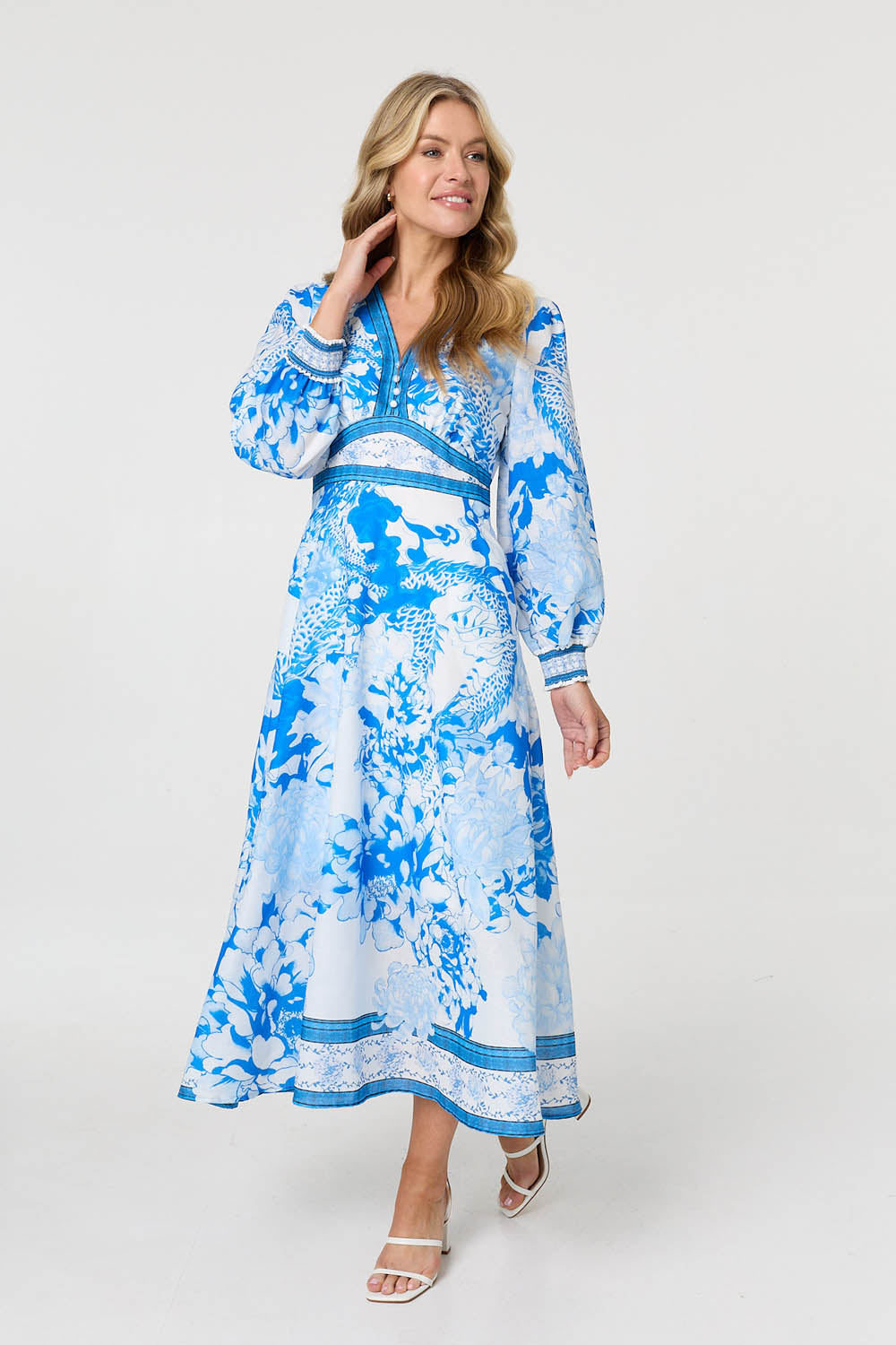 Floral Long Sleeve A-Line Maxi Dress Detail View