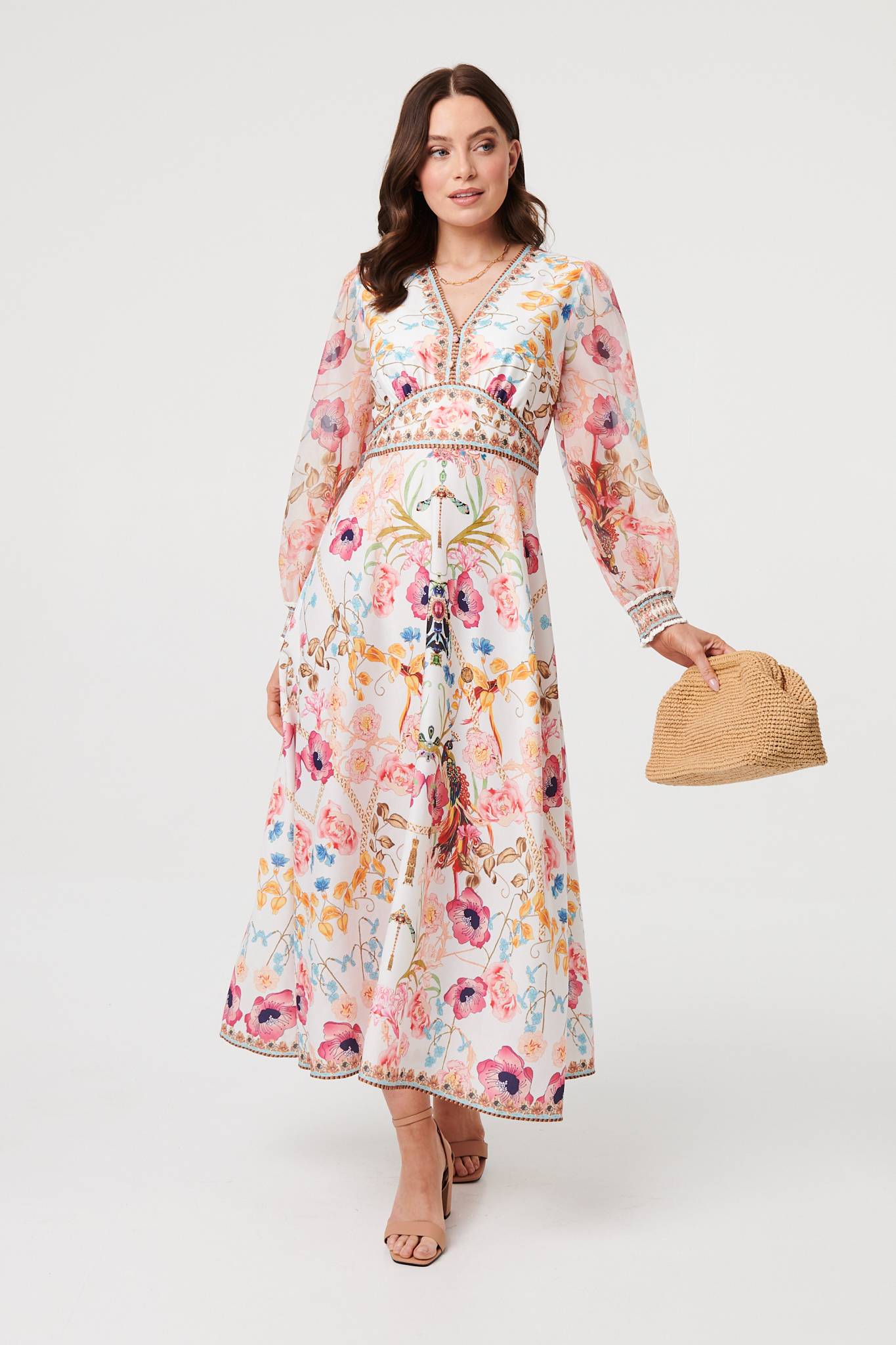 Floral Border Print V-Neck Maxi Dress Full Length View
