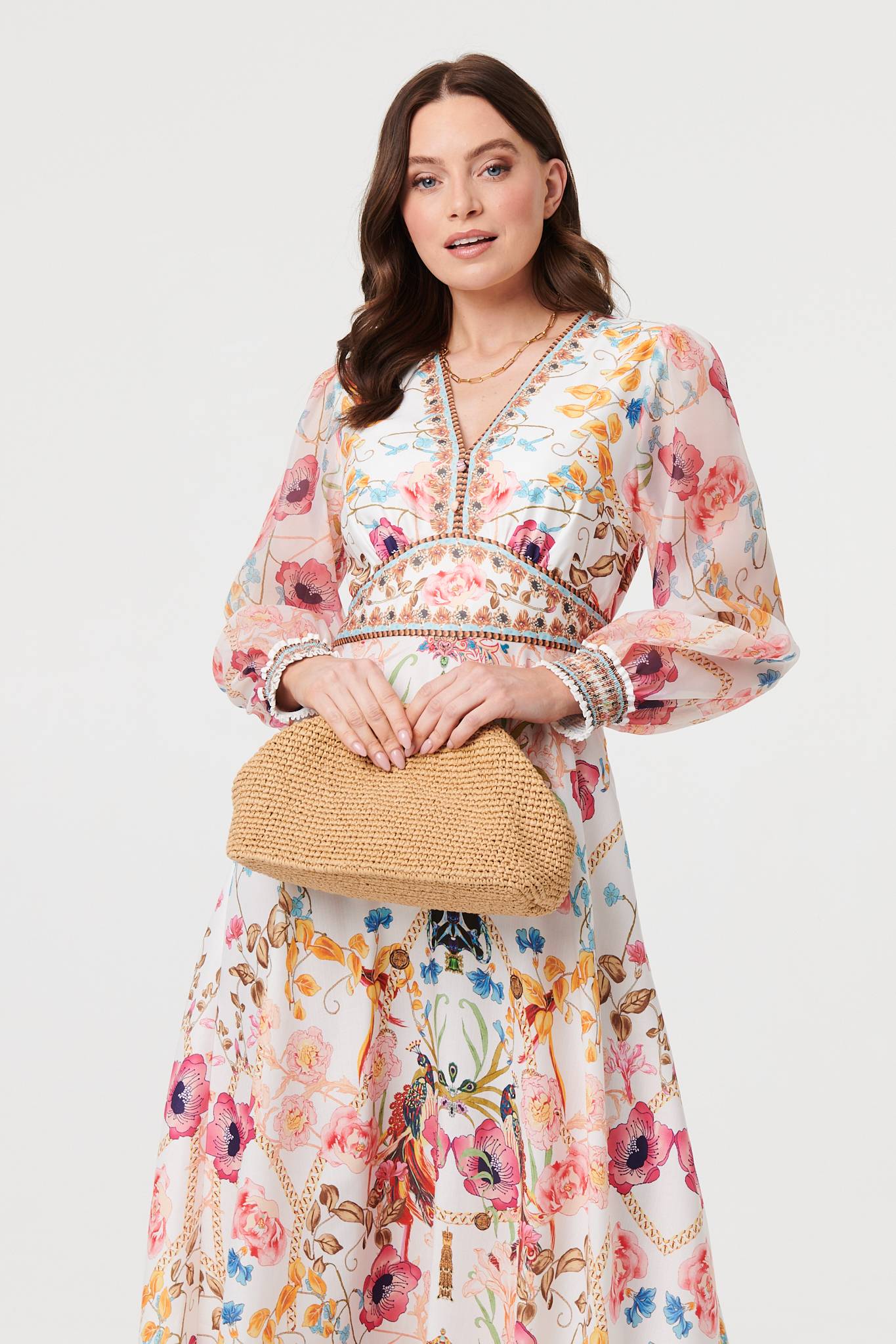 Floral Border Print V-Neck Maxi Dress Front View 2