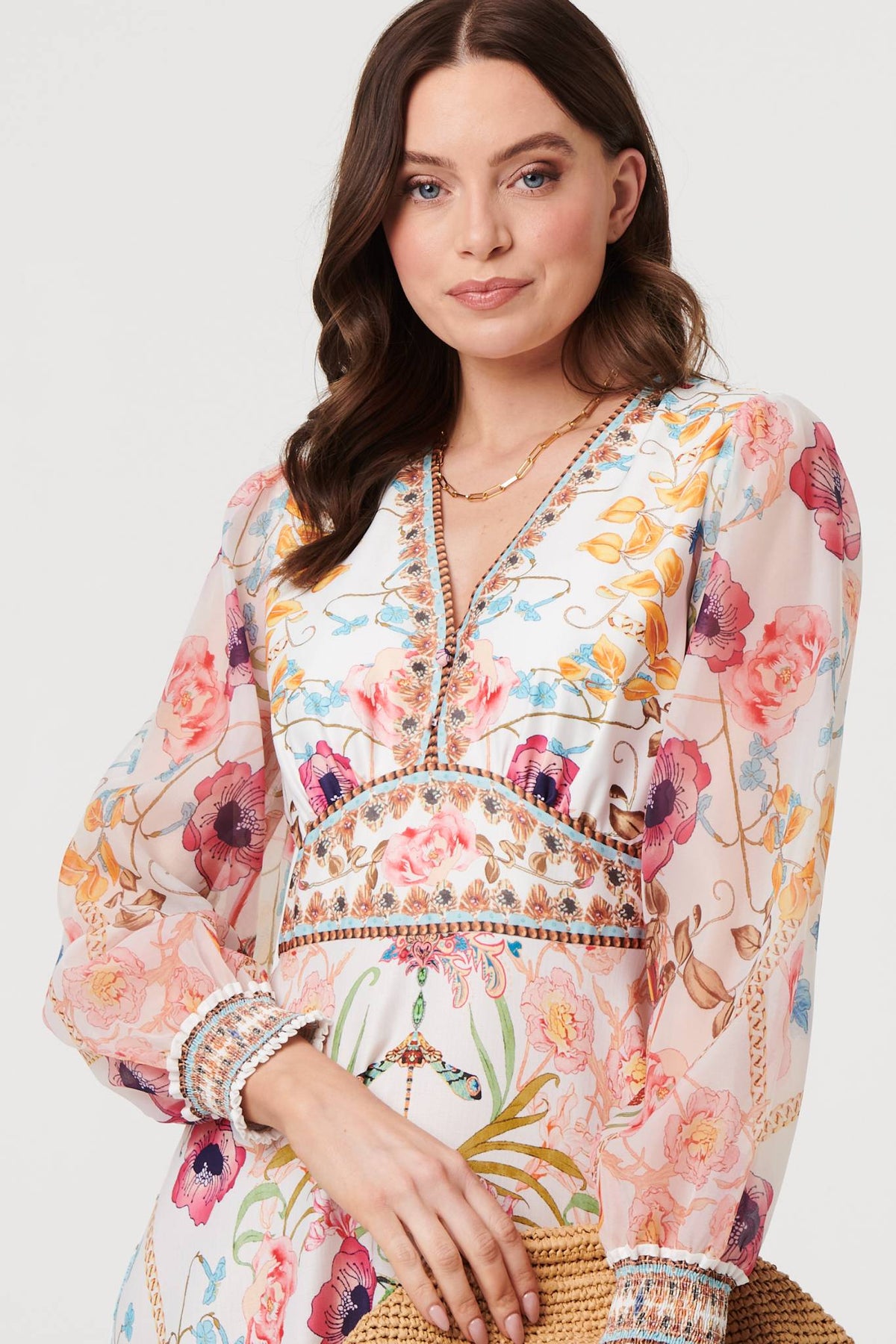 Floral Border Print V-Neck Maxi Dress Styled View