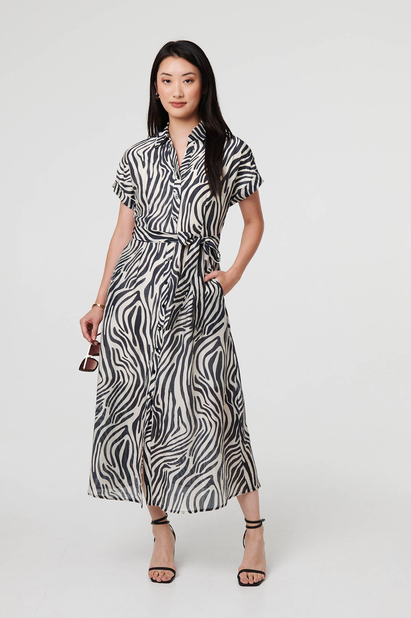 Zebra Print Tie Waist Midi Shirt Dress Front View