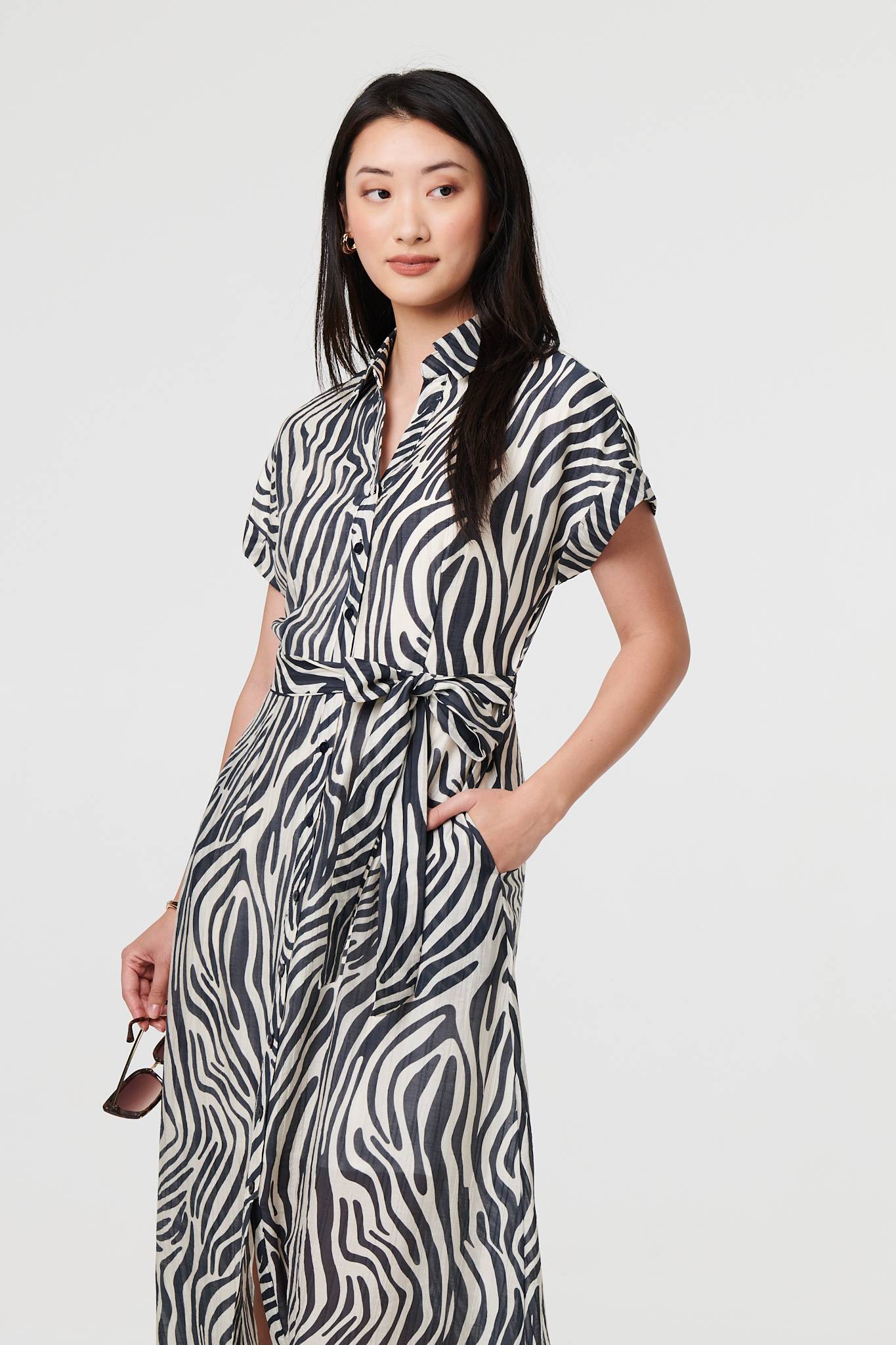 Zebra Print Tie Waist Midi Shirt Dress Styled View