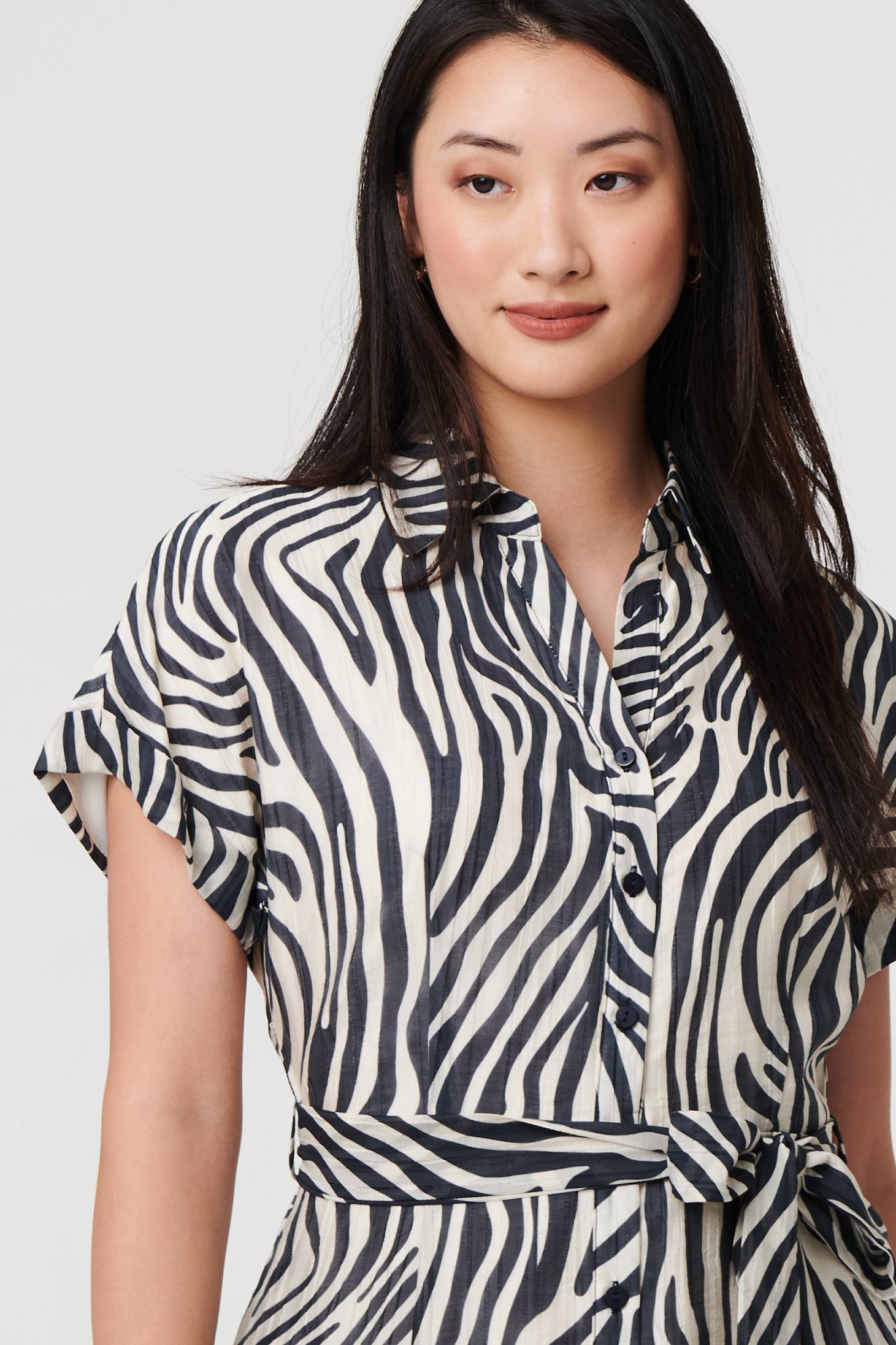Zebra Print Tie Waist Midi Shirt Dress Back View