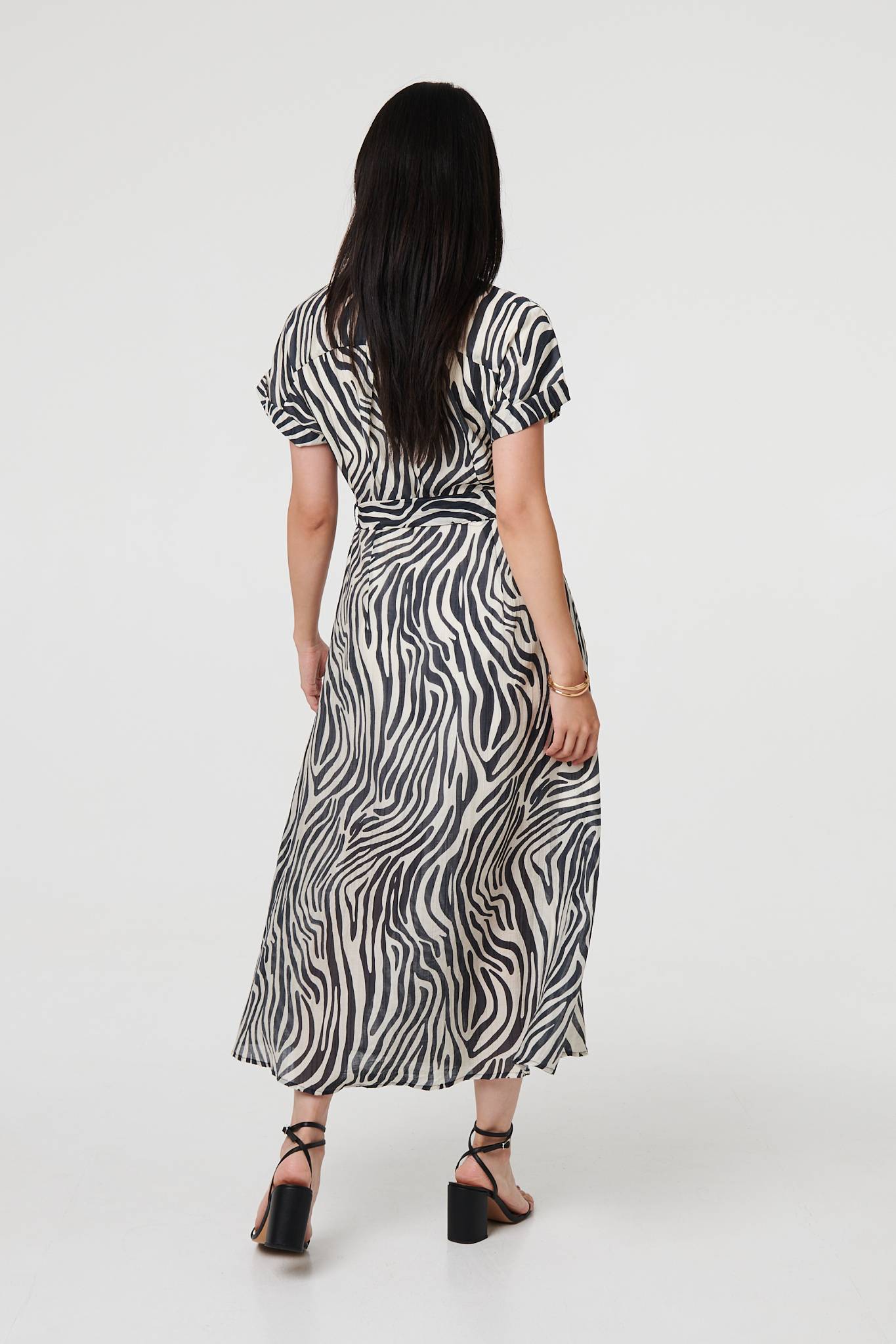 Zebra Print Tie Waist Midi Shirt Dress Detail View
