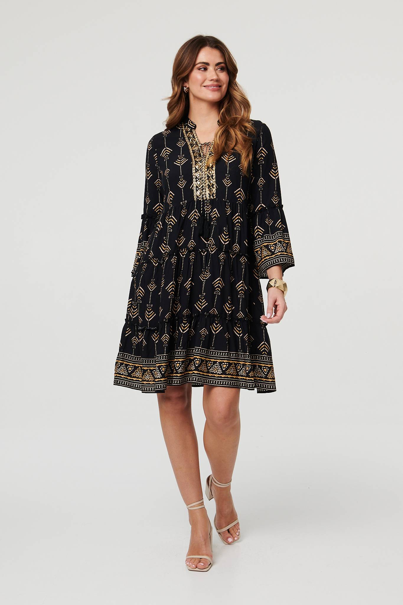 Printed Metallic Trim Knee Length Dress Front View 2
