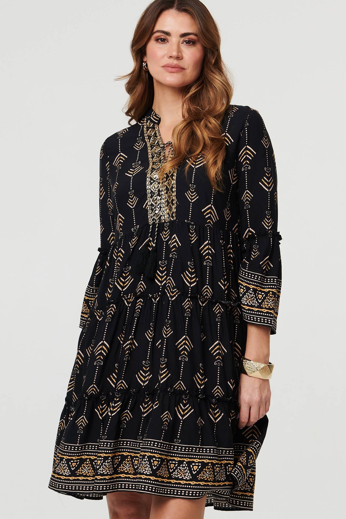 Printed Metallic Trim Knee Length Dress Full Length View