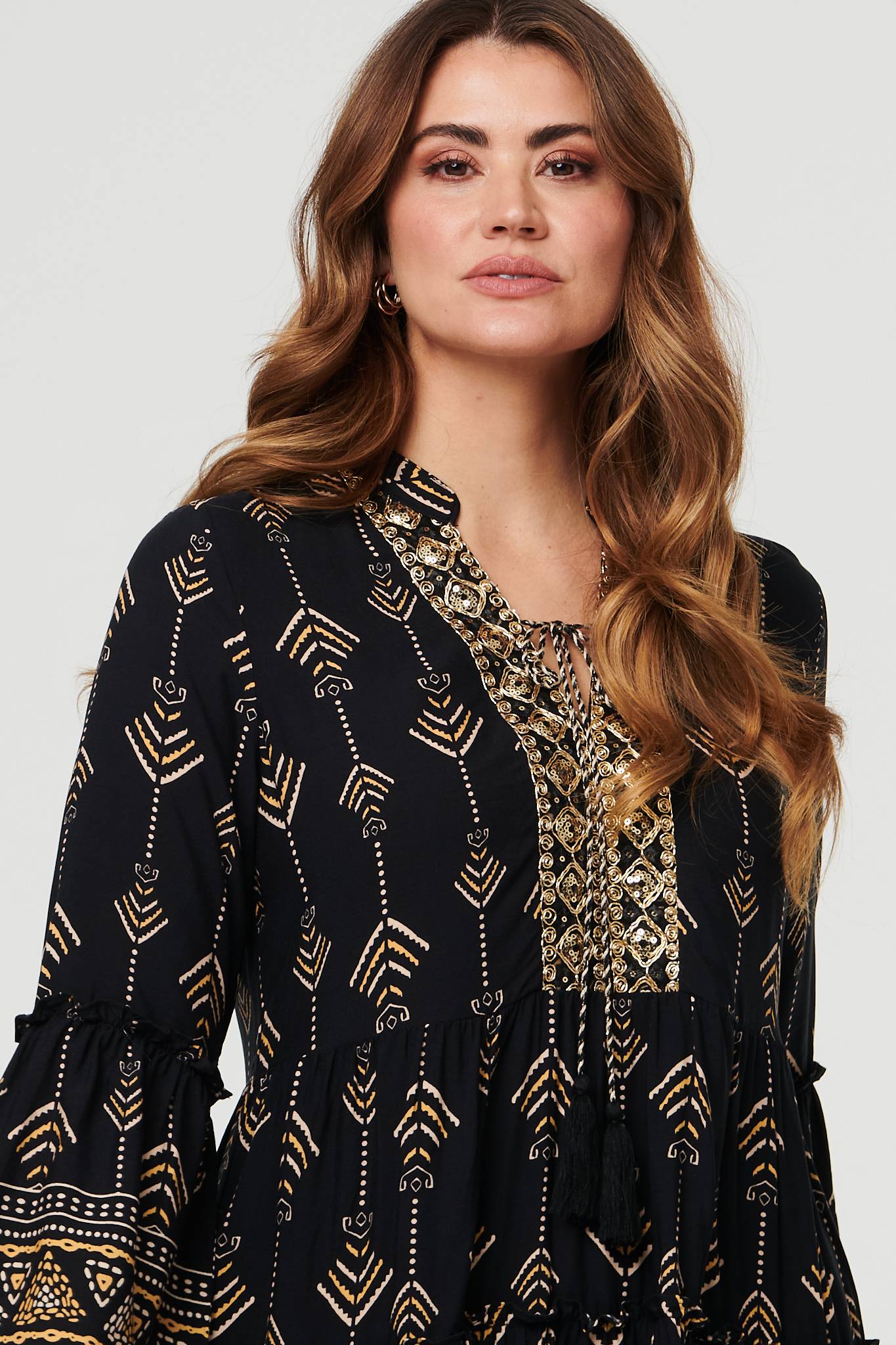 Printed Metallic Trim Knee Length Dress Styled View