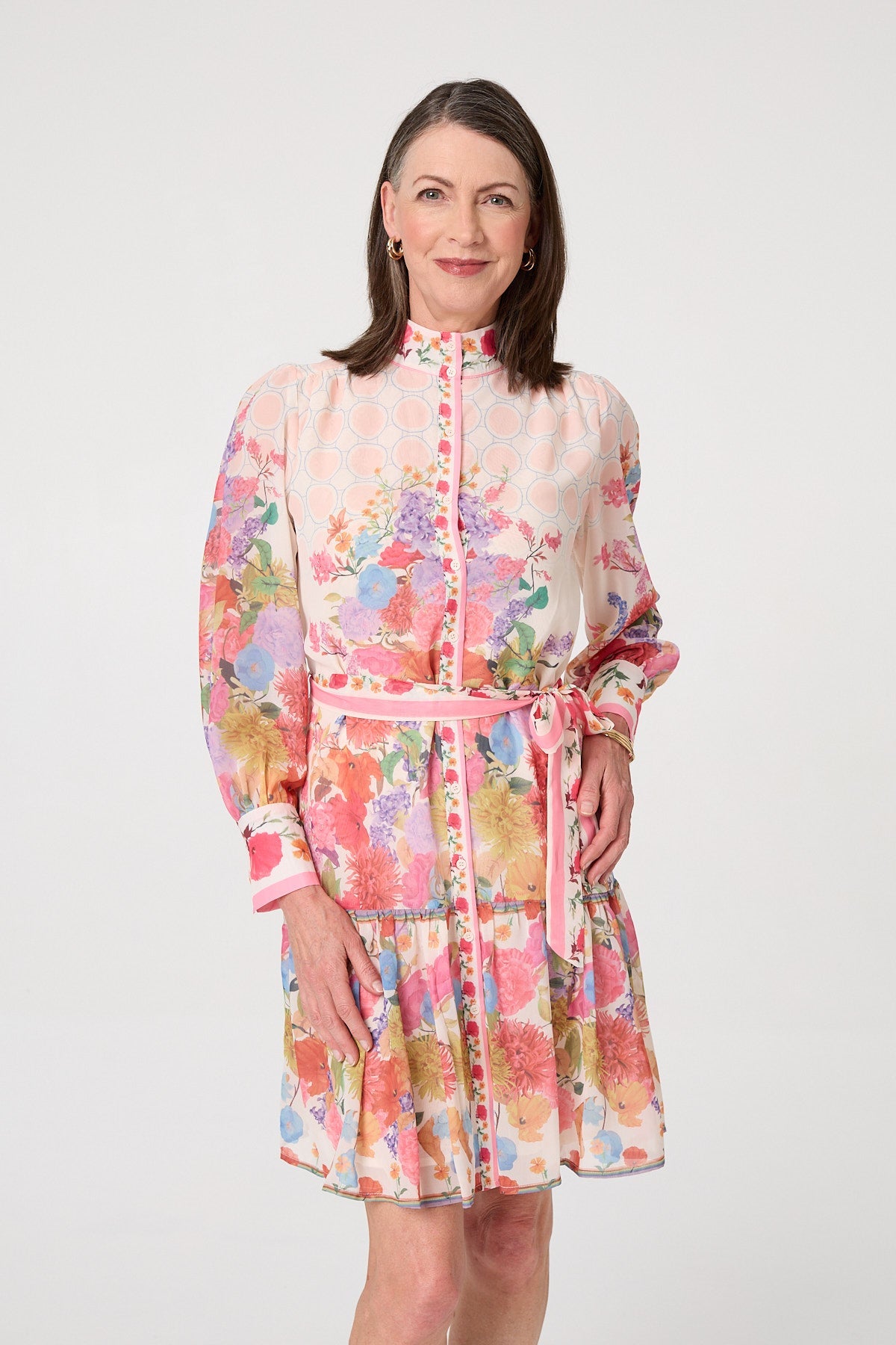 Floral Frill Hem Knee Length Shirt Dress Front View