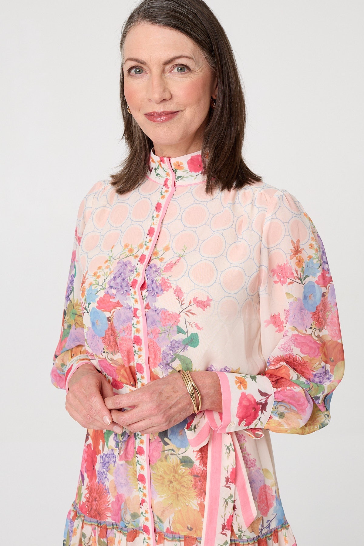 Floral Frill Hem Knee Length Shirt Dress Styled View