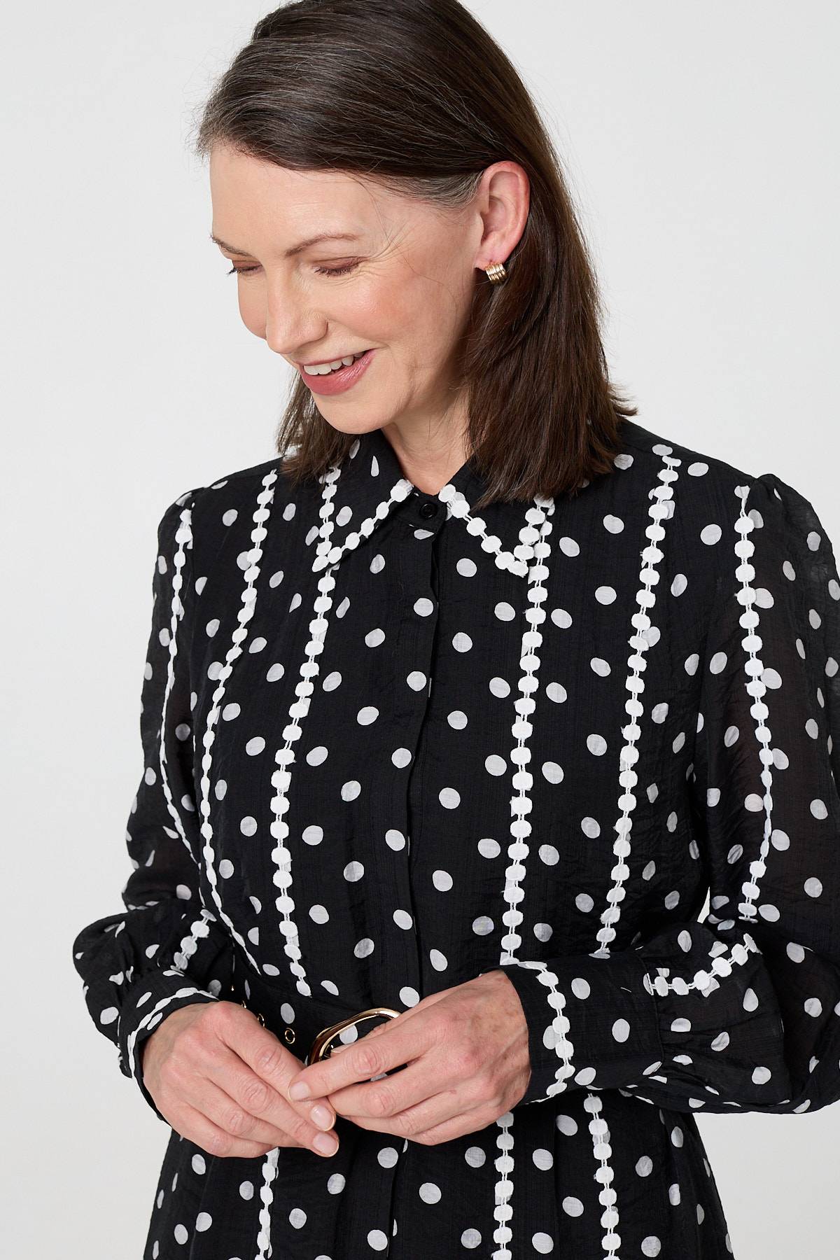 Polka Dot Belted Maxi Shirt Dress Styled View