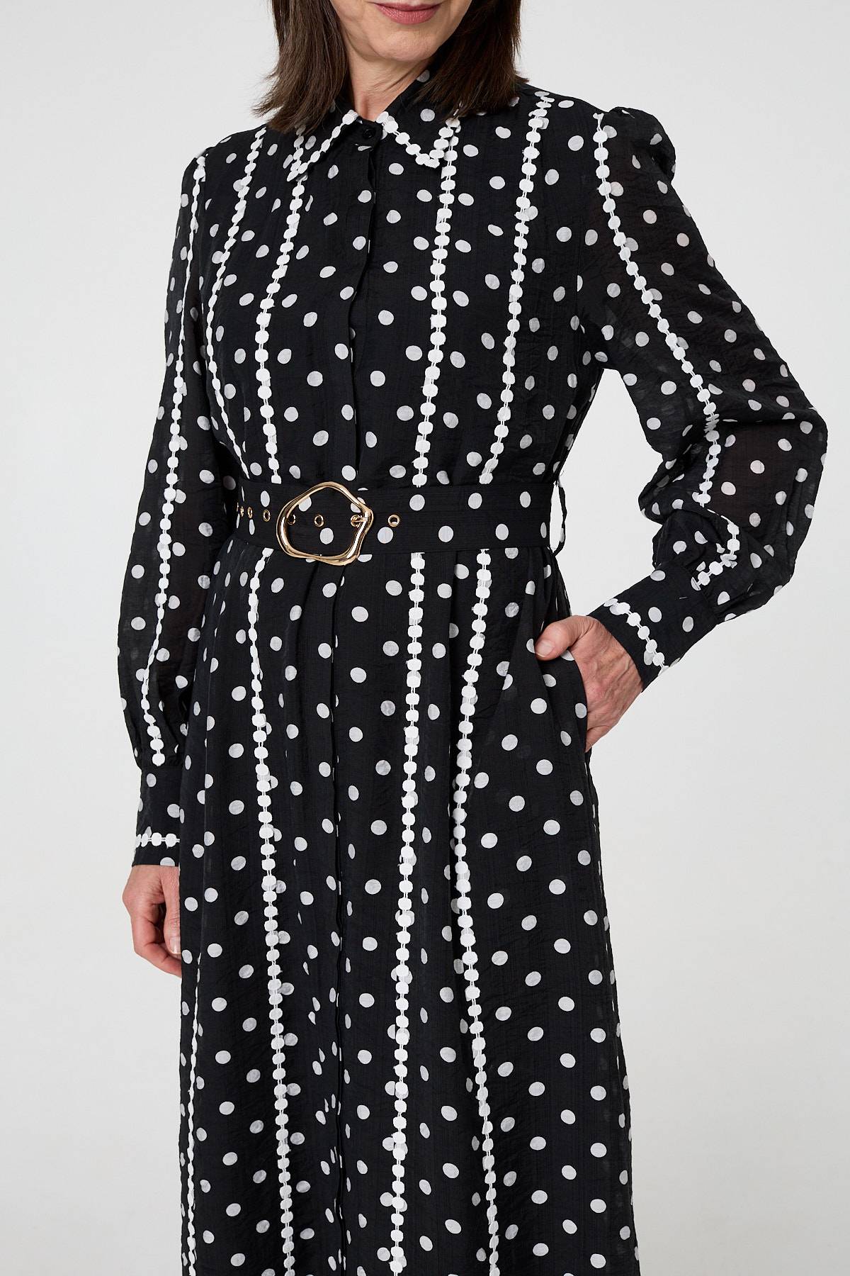 Polka Dot Belted Maxi Shirt Dress Front View 2