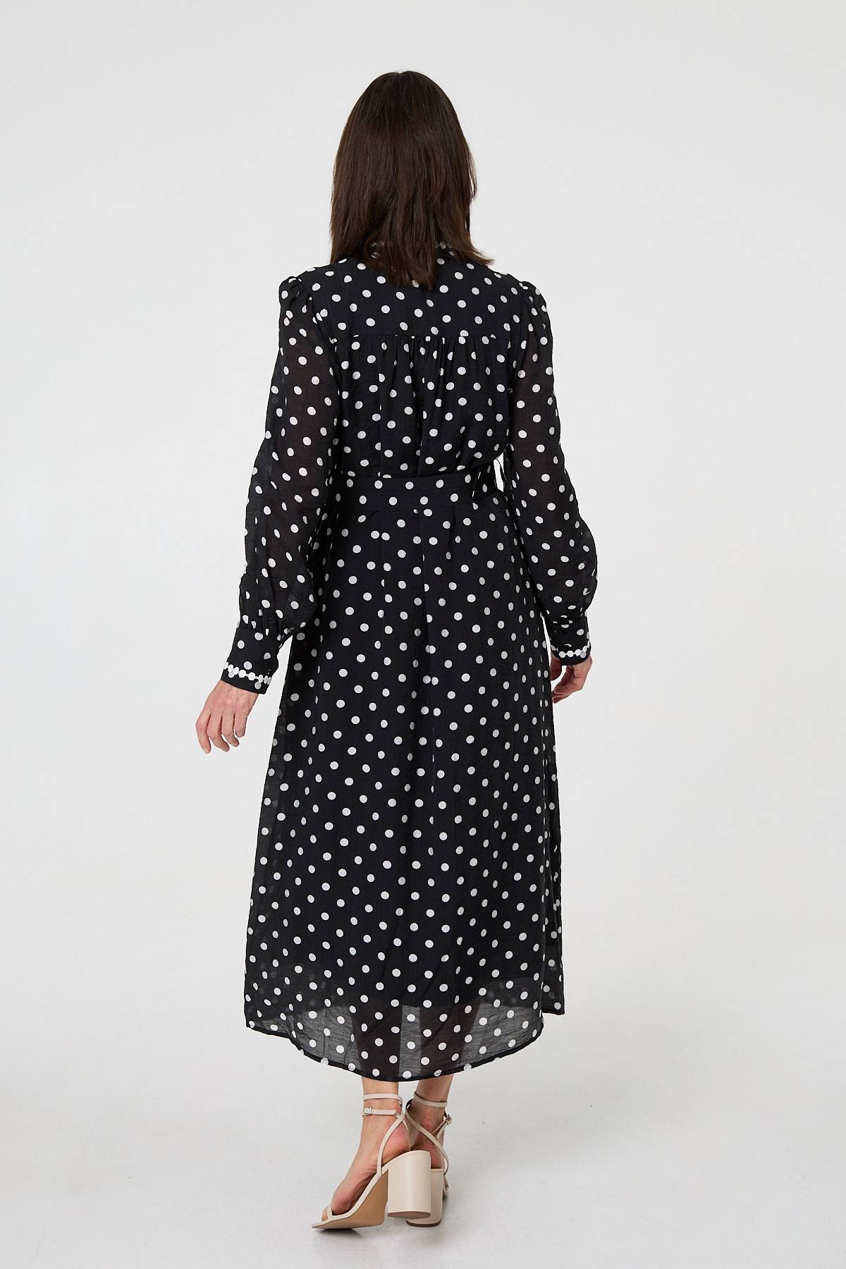 Polka Dot Belted Maxi Shirt Dress Full Length View