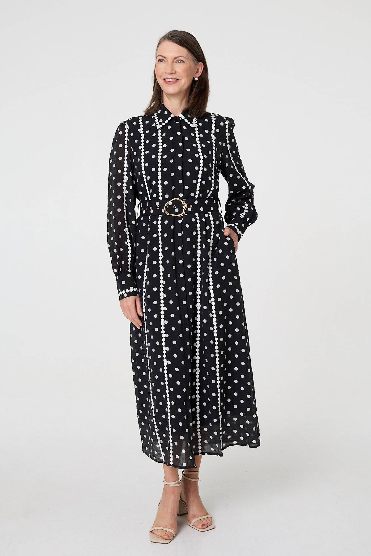 Polka Dot Belted Maxi Shirt Dress Front View
