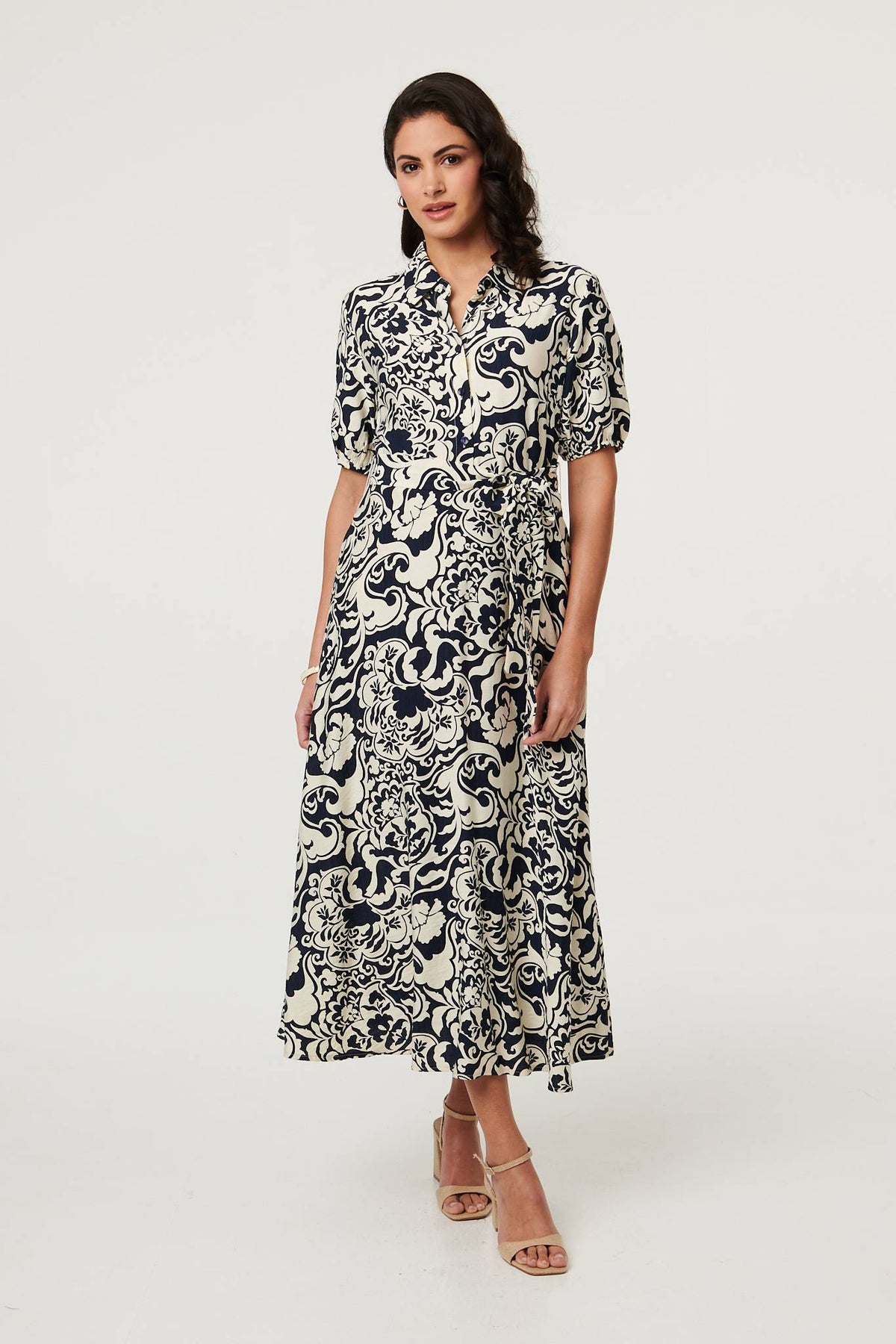 Printed 1/2 Puff Sleeve Midi Shirt Dress Front View