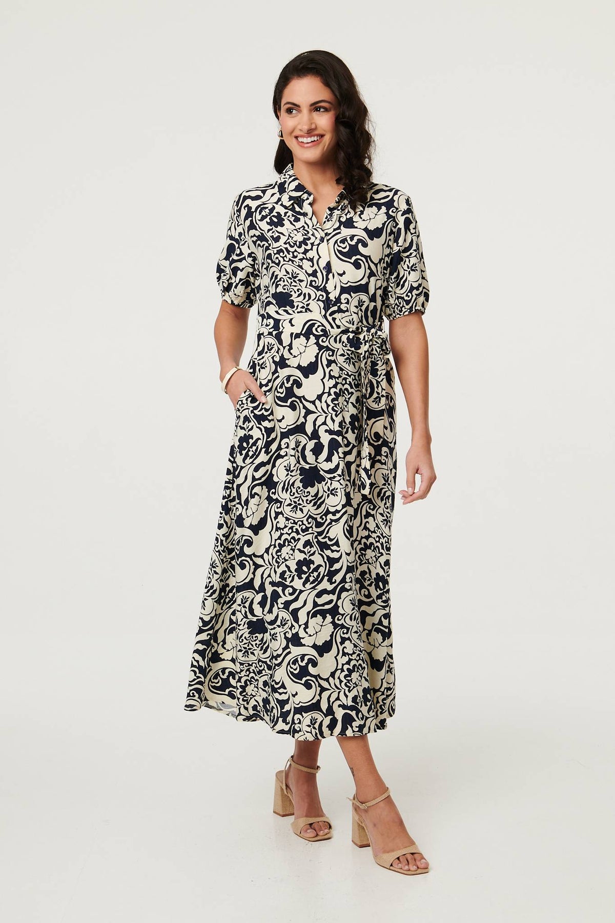 Printed 1/2 Puff Sleeve Midi Shirt Dress Full Length View