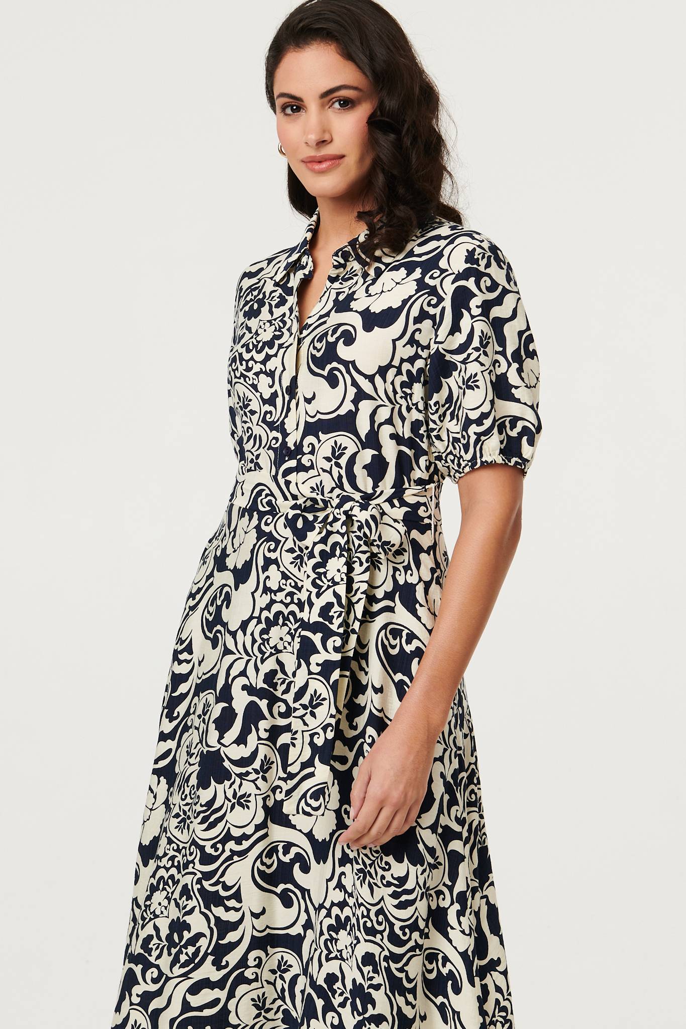 Printed 1/2 Puff Sleeve Midi Shirt Dress Detail View