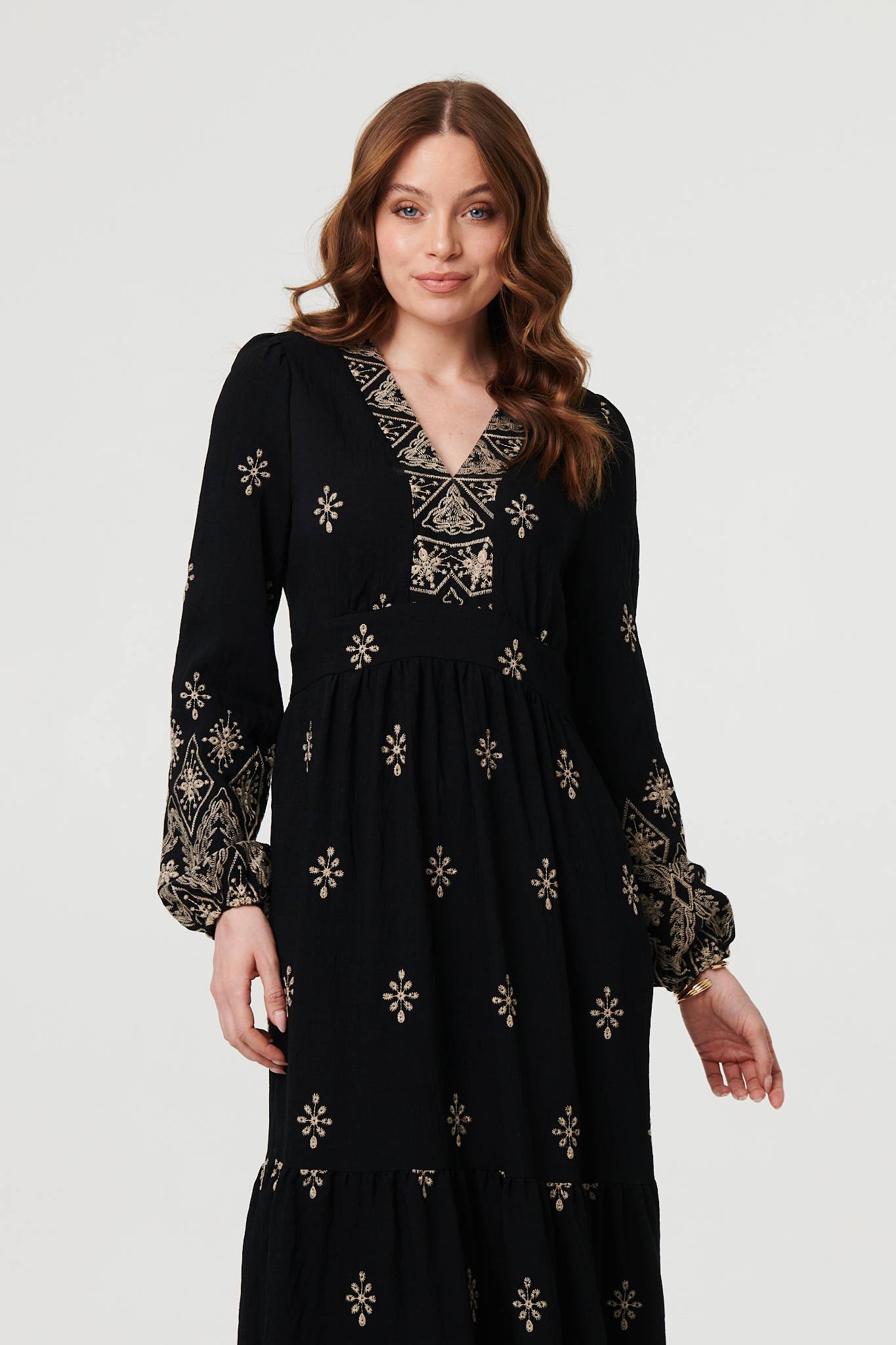 Border Print Long Sleeve Maxi Dress Back View 2