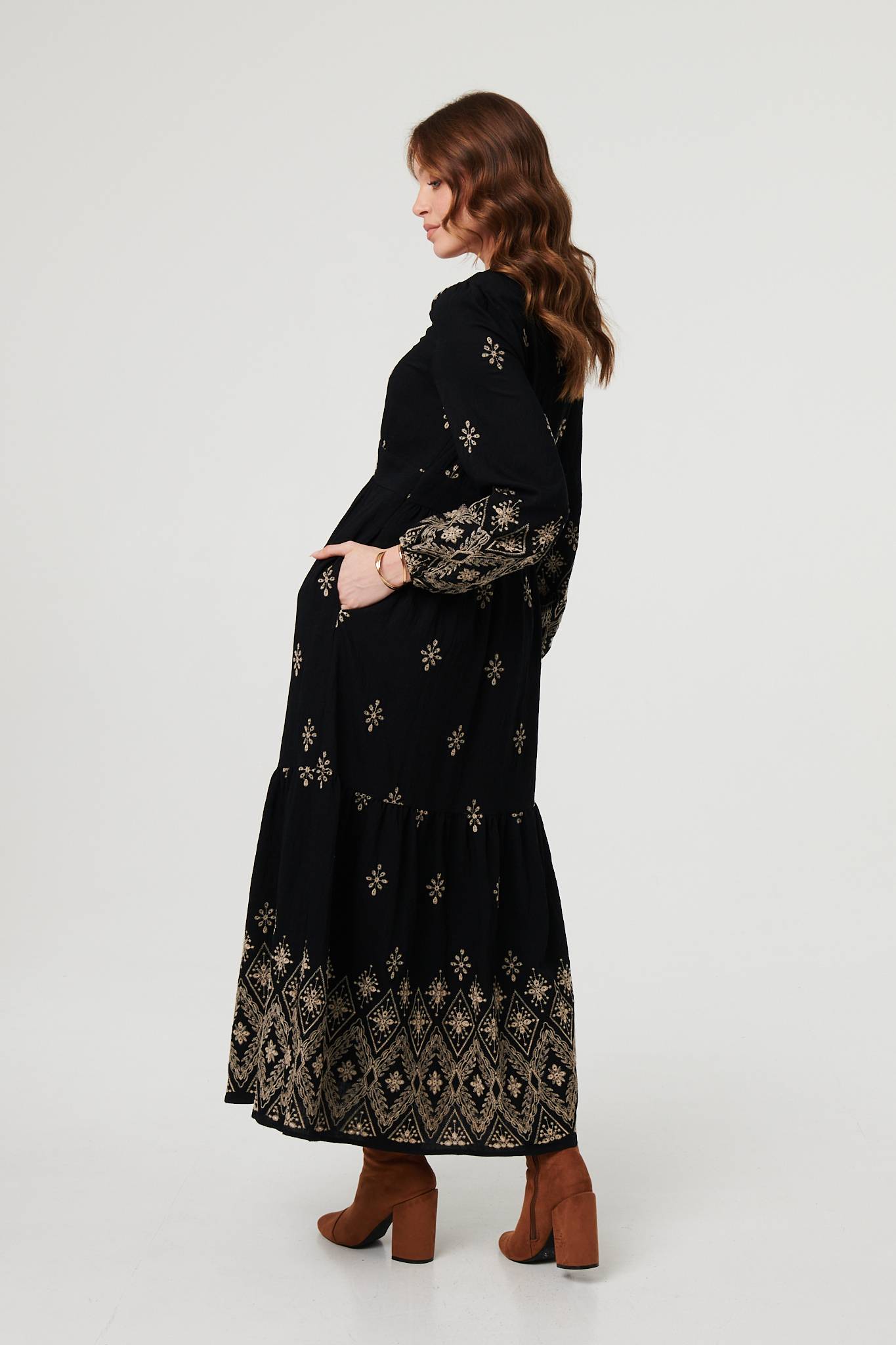 Border Print Long Sleeve Maxi Dress Front View 2