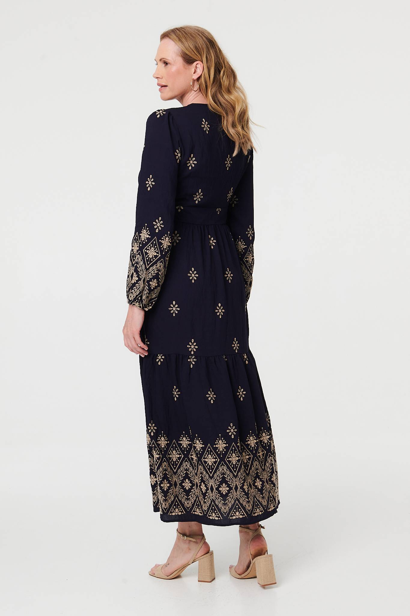 Border Print Long Sleeve Maxi Dress Front View 4