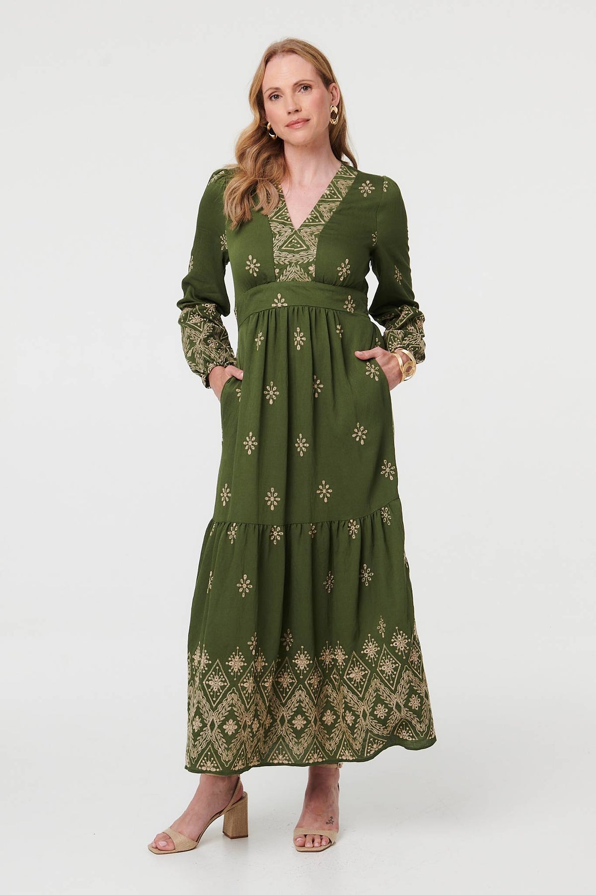 Border Print Long Sleeve Maxi Dress Styled View 2