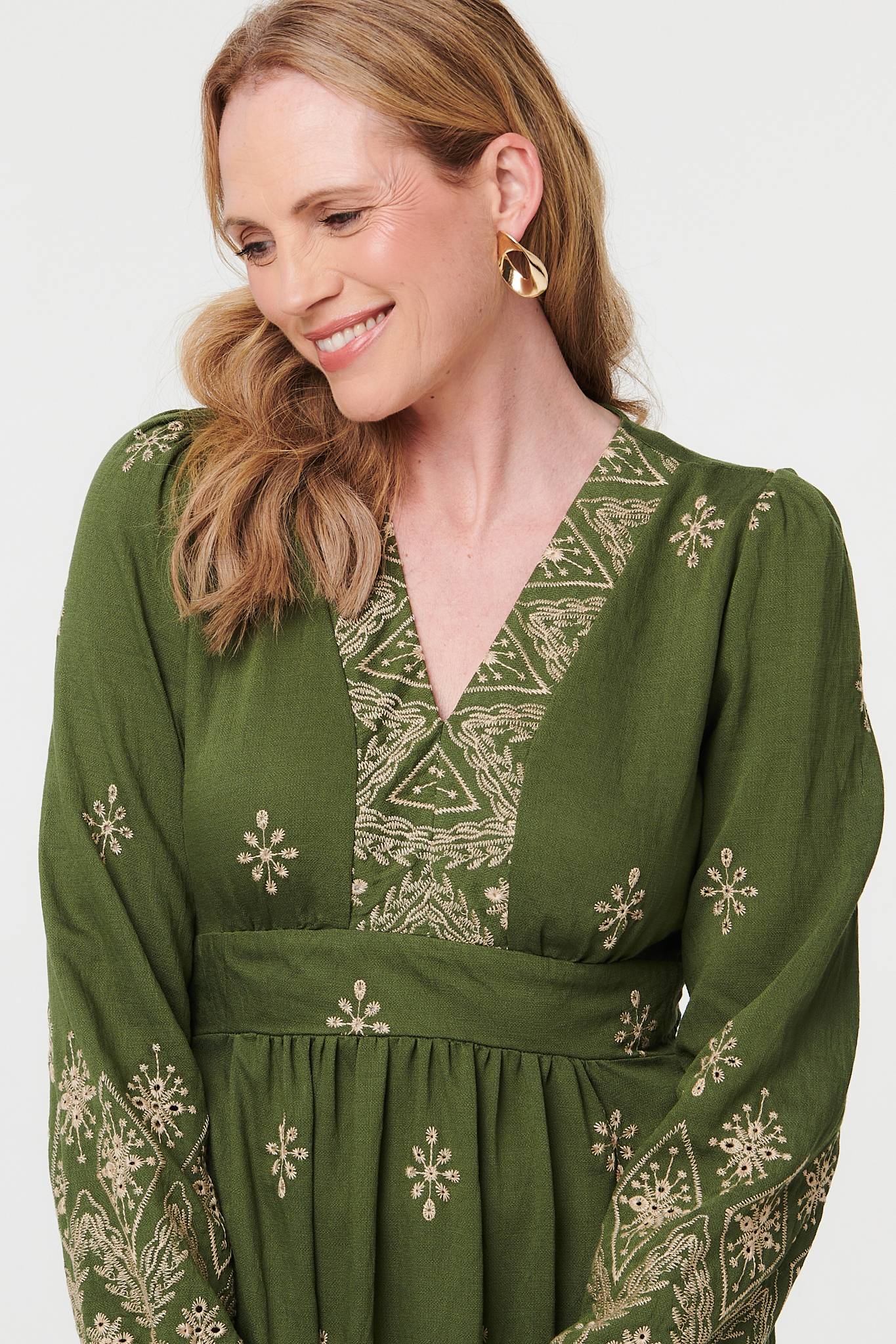 Border Print Long Sleeve Maxi Dress Side View 3