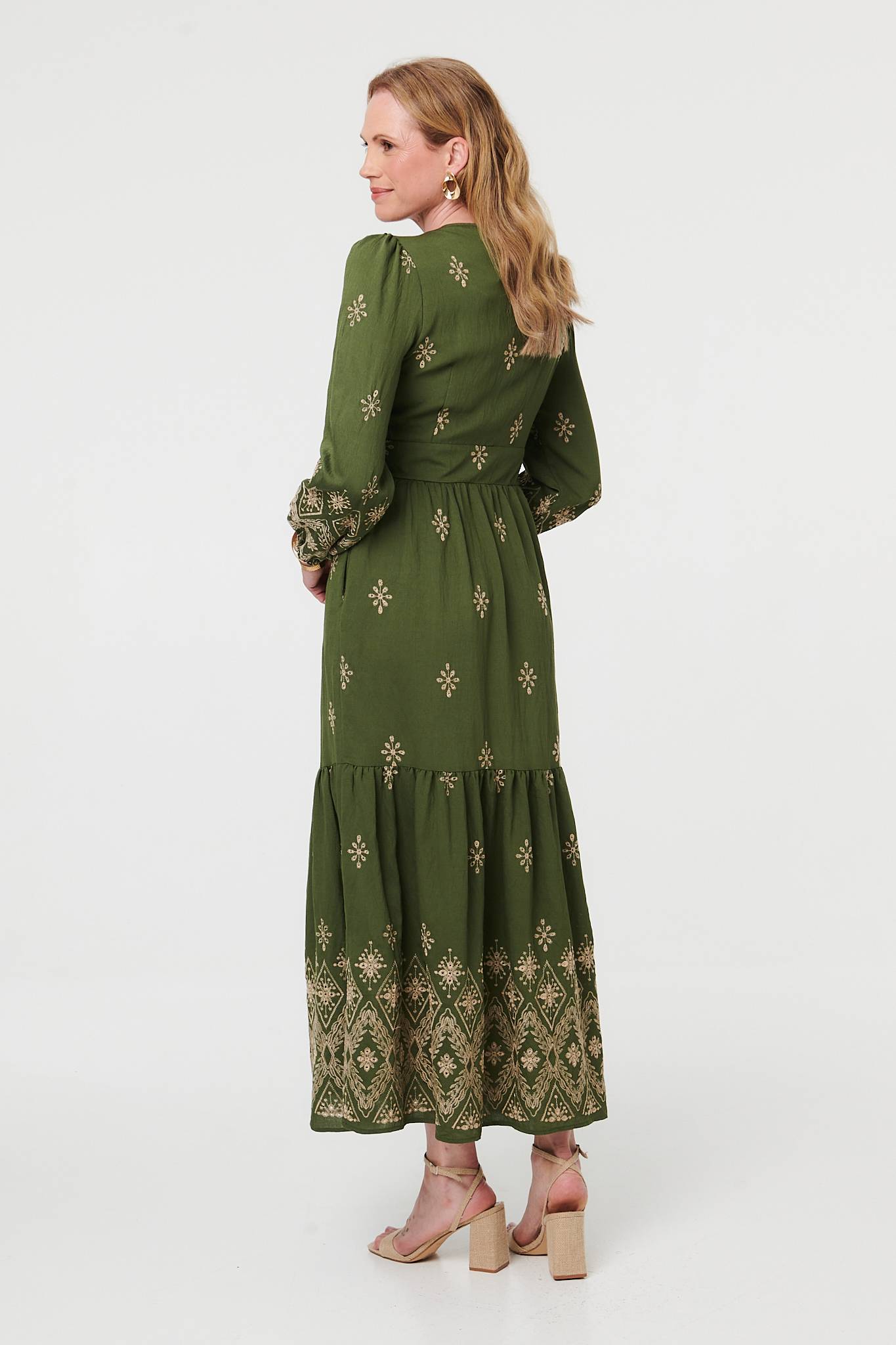 Border Print Long Sleeve Maxi Dress Front View 3