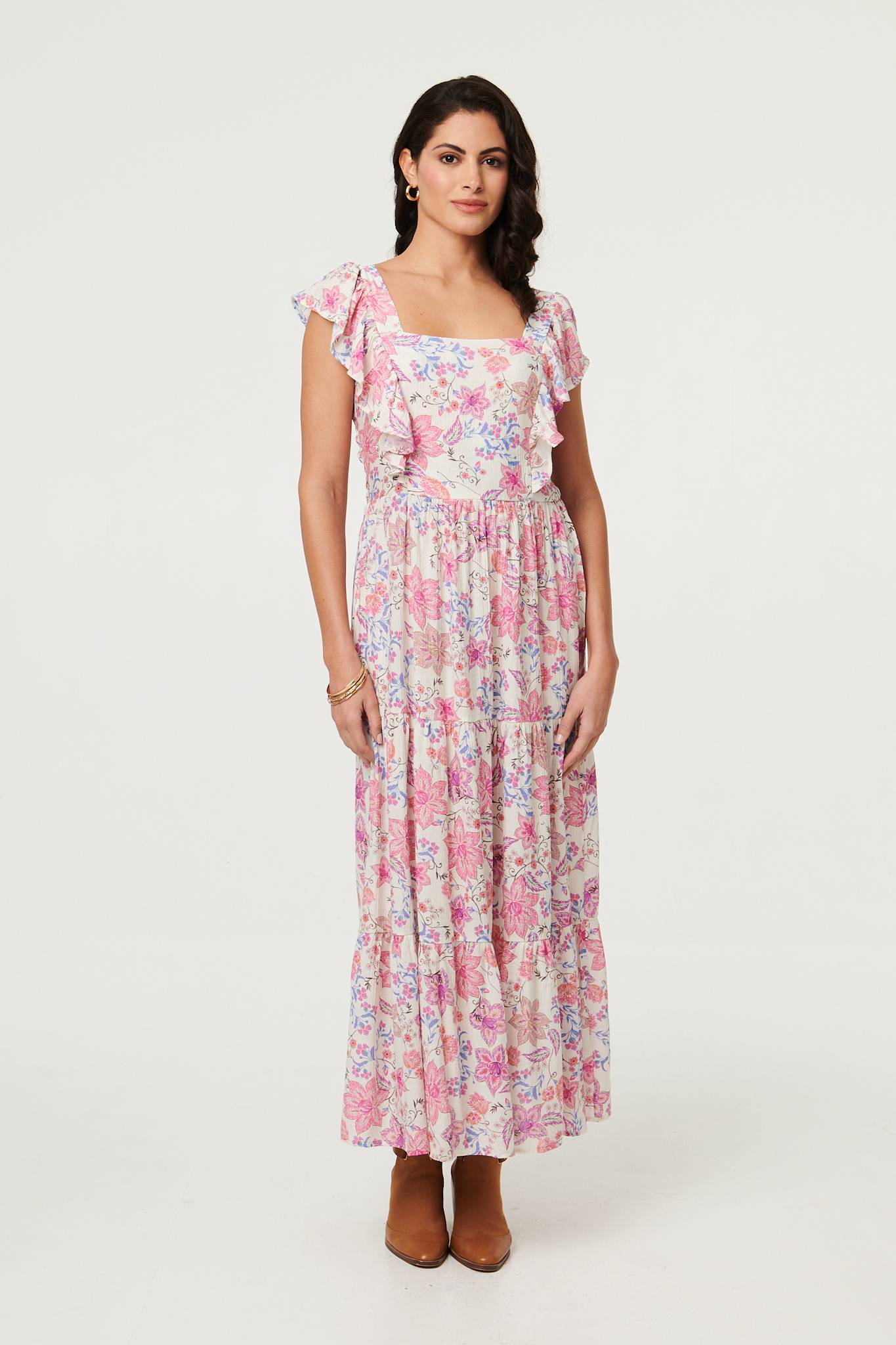 Floral Ruffled Cap Sleeve Maxi Dress Front View