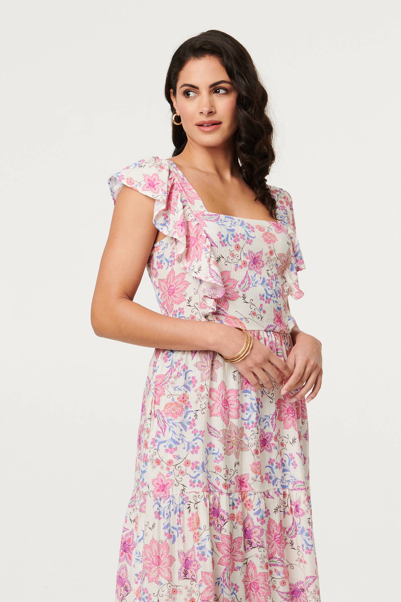 Floral Ruffled Cap Sleeve Maxi Dress Back View