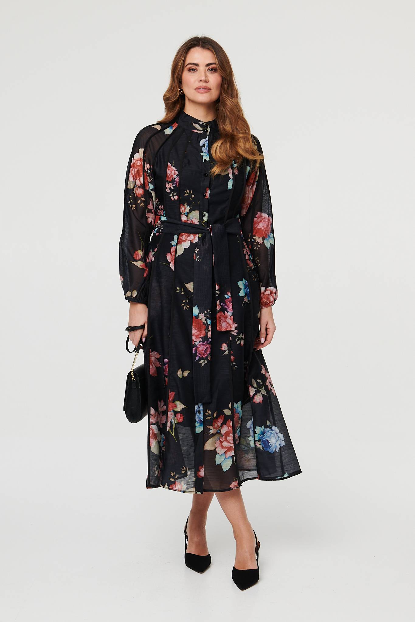 Floral Semi Sheer Tie Waist Midi Dress Front View