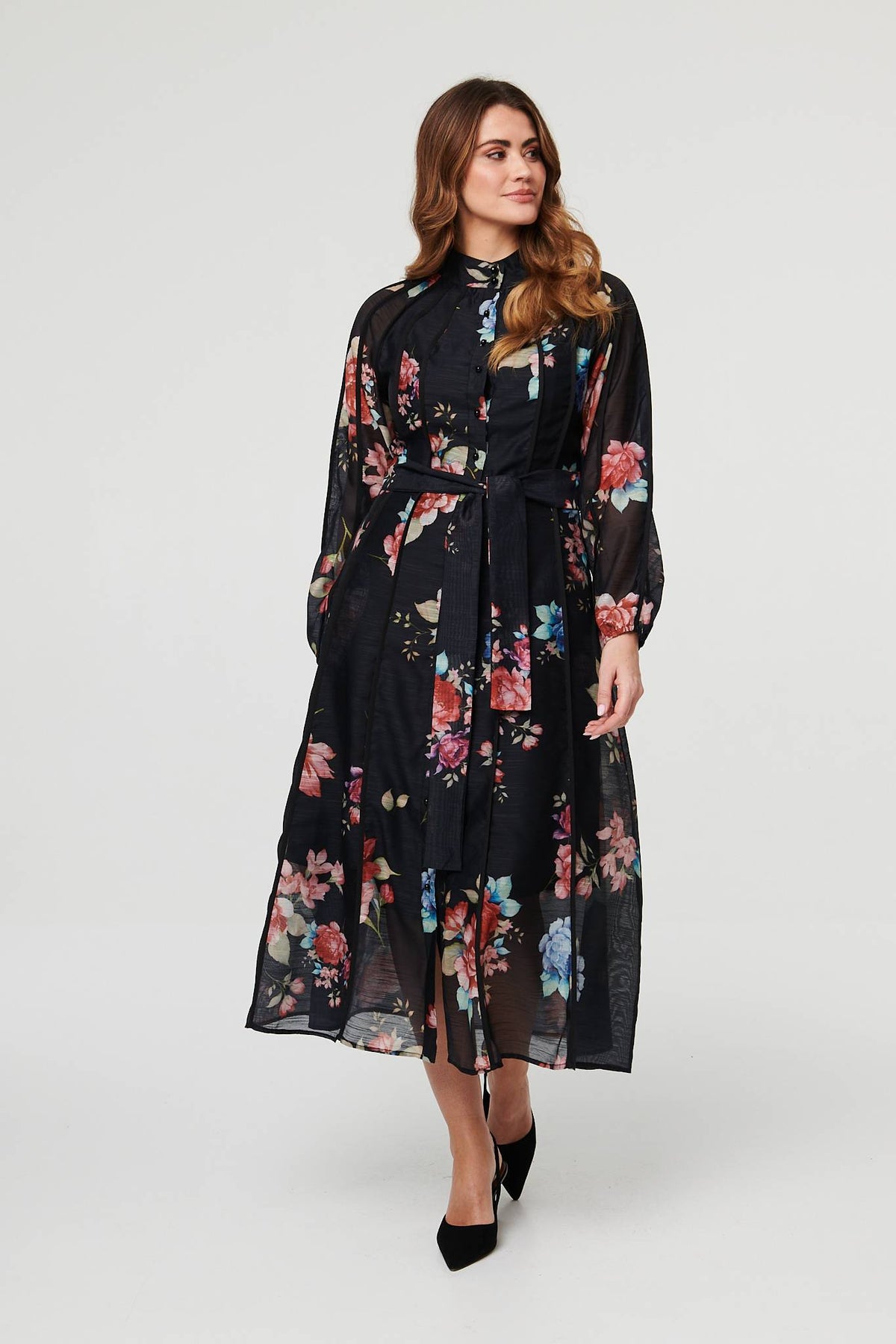 Floral Semi Sheer Tie Waist Midi Dress Back View 2